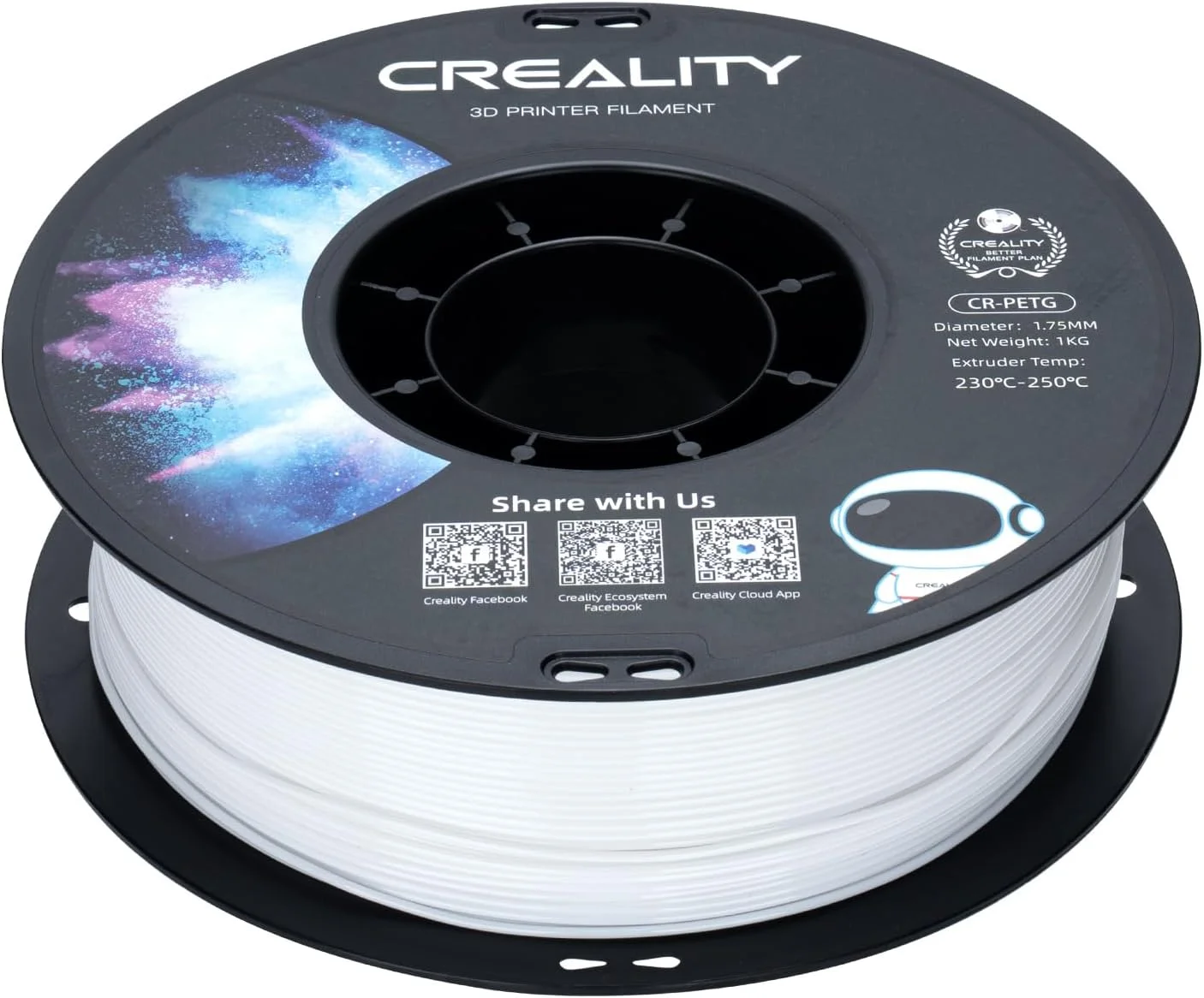 فیلامنت PETG کرالیتی 1.75mm، فیلامنت پرینتر سه بعدی، PLA ارتقا یافته، اسپول 1 کیلوگرمی مرتب پیچیده شده، دقت ابعادی ±0.03mm، مناسب برای پرینترهای FDM Ender، Bambu Lab، Anycubic، ELEGOO (سفید)