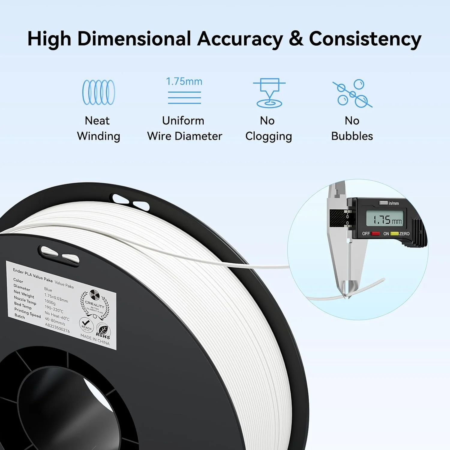 فیلامنت PLA کرالیتی 1.75 میلی‌متر، 2 کیلوگرم (2 حلقه 1 کیلوگرمی)، بدون گره خوردگی، چسبندگی قوی، دقت +/- 0.02 میلی‌متر، مناسب برای اکثر پرینترهای سه بعدی (سفید+سفید)