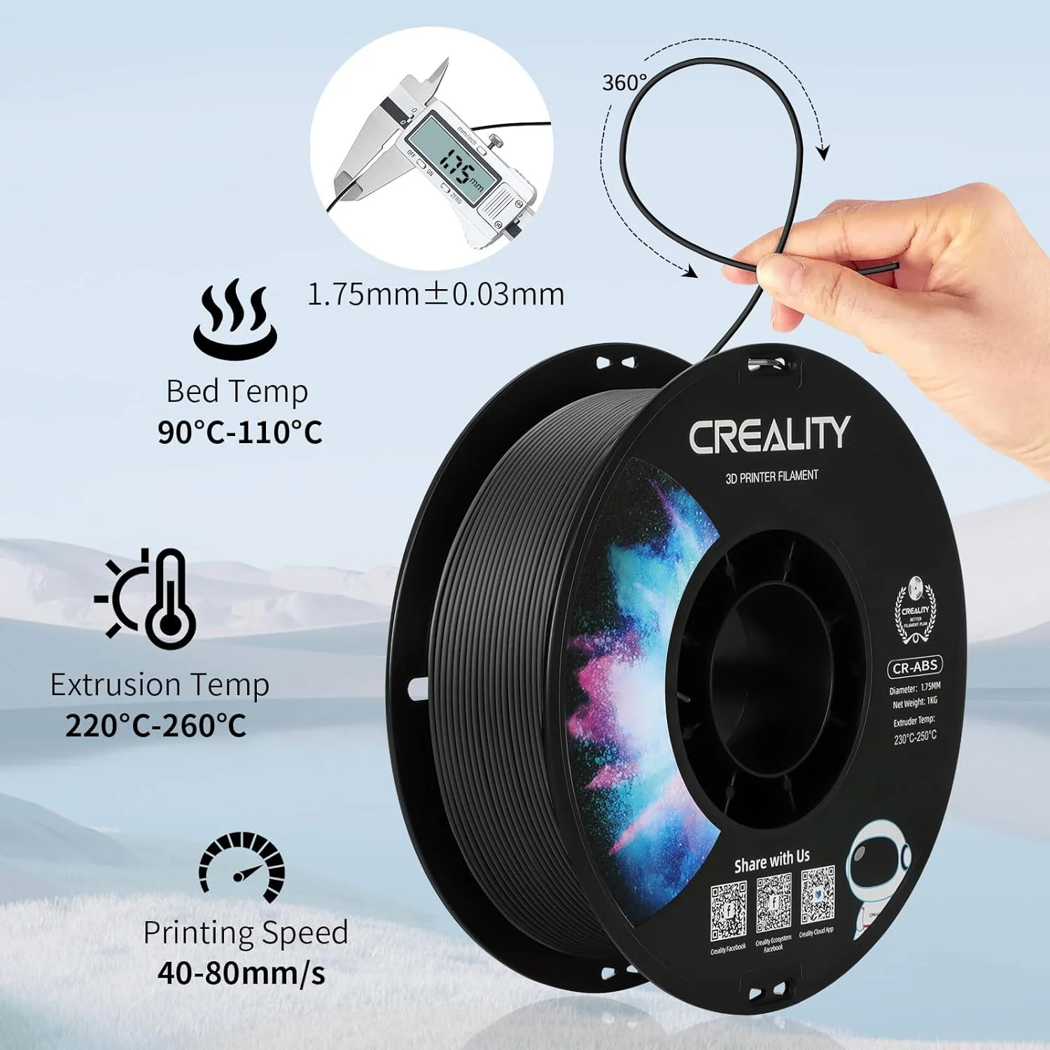 فیلامنت ABS کرالیتی 1.75 میلی‌متر، فیلامنت رسمی پرینتر سه بعدی ABS کرالیتی، بدون گره خوردگی، چسبندگی قوی و عملکرد عالی، دقت ابعادی +/- 0.03 میلی‌متر، 1 کیلوگرم (2.2 پوند)/اسپول (مشکی)