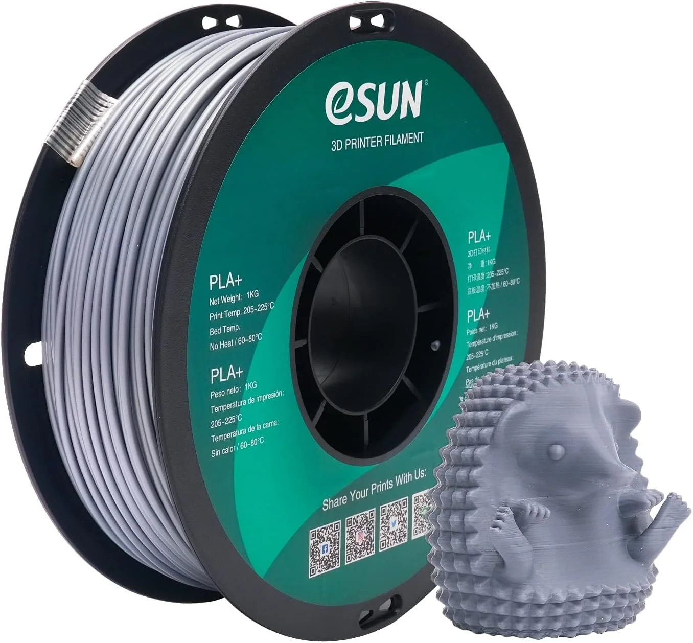 فیلامنت eSUN PLA+ 2.85mm، فیلامنت پرینتر سه بعدی PLA Plus، دقت ابعادی +/- 0.03mm، اسپول 1 کیلوگرمی (2.2 پوند) فیلامنت پرینت سه بعدی برای پرینترهای سه بعدی، نقره ای