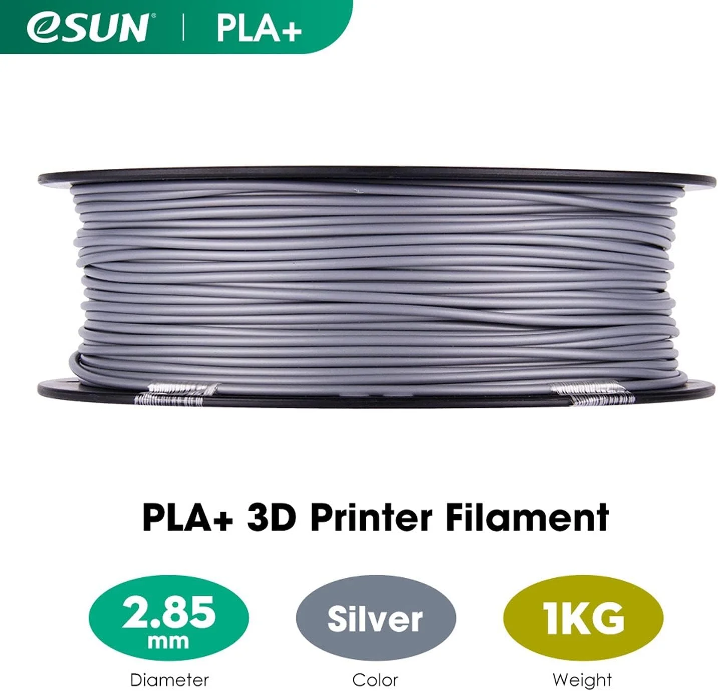 فیلامنت eSUN PLA+ 2.85mm، فیلامنت پرینتر سه بعدی PLA Plus، دقت ابعادی +/- 0.03mm، اسپول 1 کیلوگرمی (2.2 پوند) فیلامنت پرینت سه بعدی برای پرینترهای سه بعدی، نقره ای