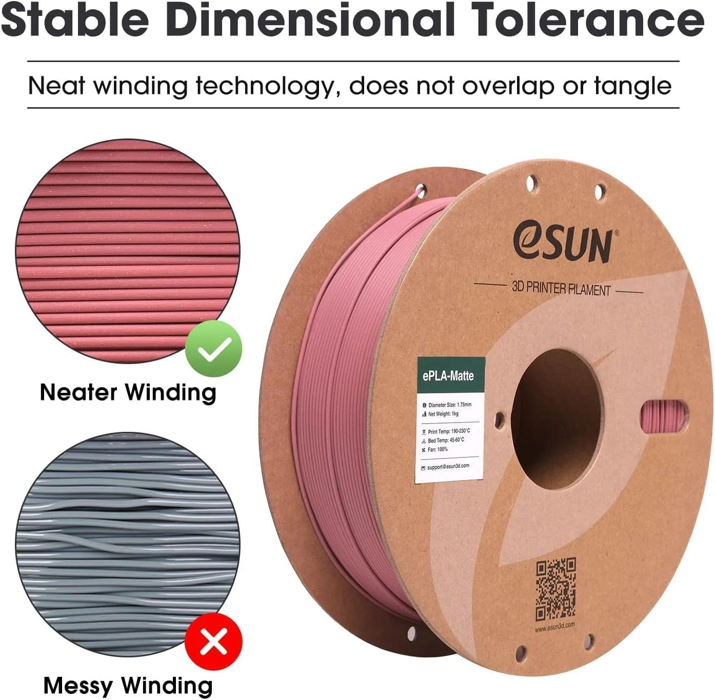 فیلامنت پرینتر سه بعدی eSUN ePLA-Matte بنفش موراندی، فیلامنت پرینتر سه بعدی 1.75 میلی متری با دقت ابعادی +/- 0.02 میلی متر، اسپول کاغذی 1 کیلوگرمی (2.2 پوند) برای اکثر پرینترهای سه بعدی FDM