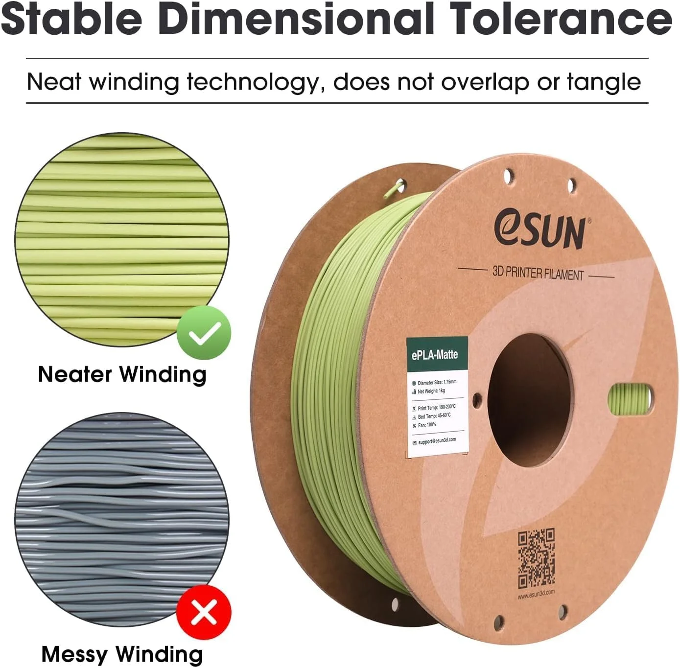 فیلامنت پرینتر سه بعدی eSUN ePLA-Matte سبز مات، فیلامنت پرینتر سه بعدی 1.75 میلی متری با دقت ابعادی +/- 0.02 میلی متر، 1 کیلوگرم (2.2 پوند) مناسب برای اکثر پرینترهای سه بعدی FDM