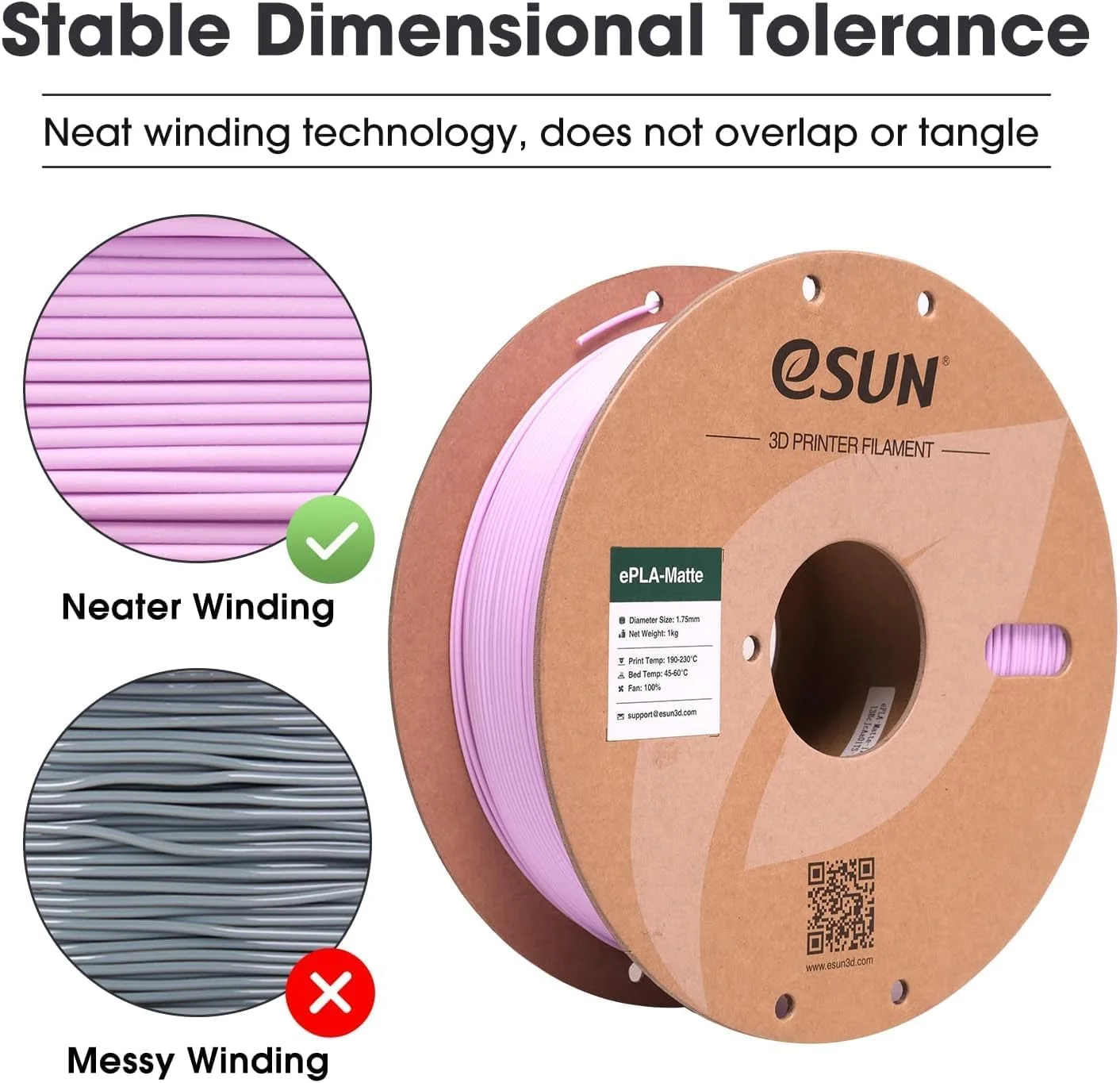 فیلامنت پرینتر سه بعدی eSUN ePLA-Matte یاسی، فیلامنت پرینتر سه بعدی 1.75 میلی متری با دقت ابعادی +/- 0.02 میلی متر، اسپول کاغذی 1 کیلوگرمی (2.2 پوند) برای اکثر پرینترهای سه بعدی FDM