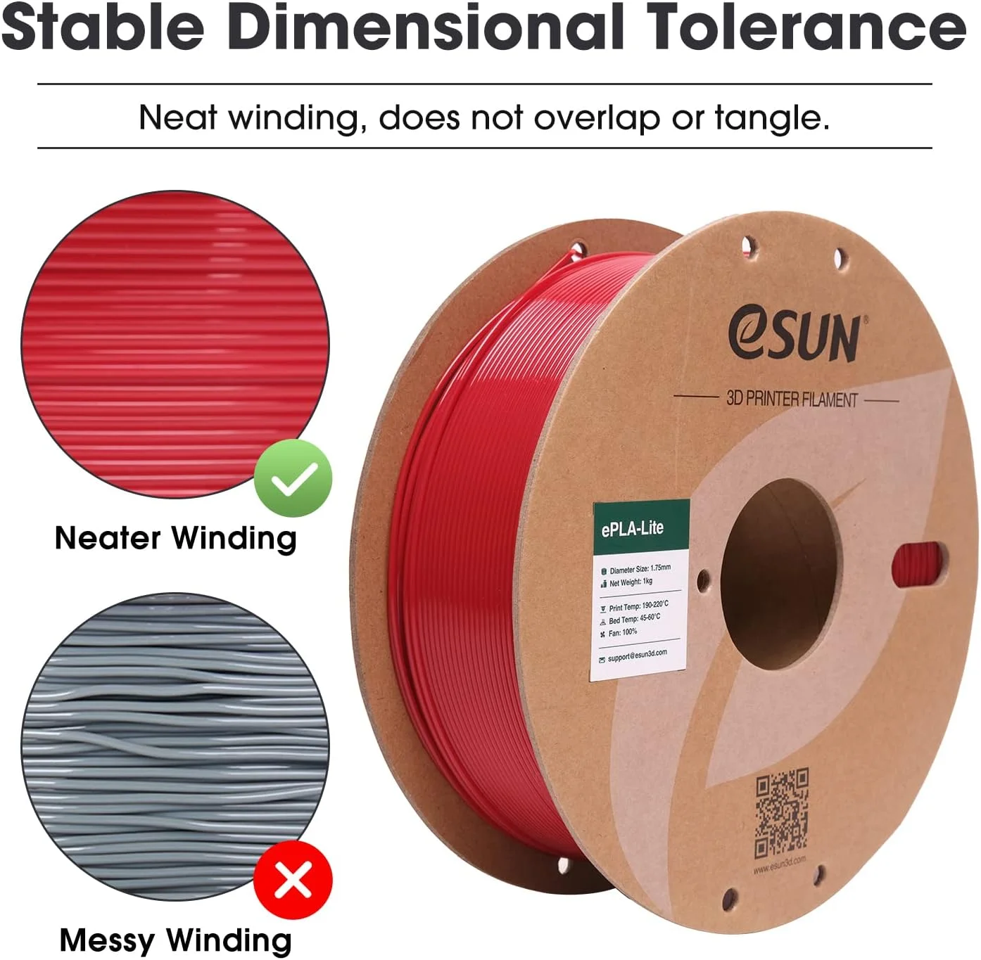 فیلامنت PLA ای‌سان 1.75mm، فیلامنت PLA ارتقا یافته پرینتر سه بعدی با چقرمگی بالا، دقت ابعادی +/- 0.03mm، اسپول مقوایی 1 کیلوگرمی (2.2 پوند) فیلامنت پرینت سه بعدی برای پرینترهای سه بعدی، قرمز آتش نشانی