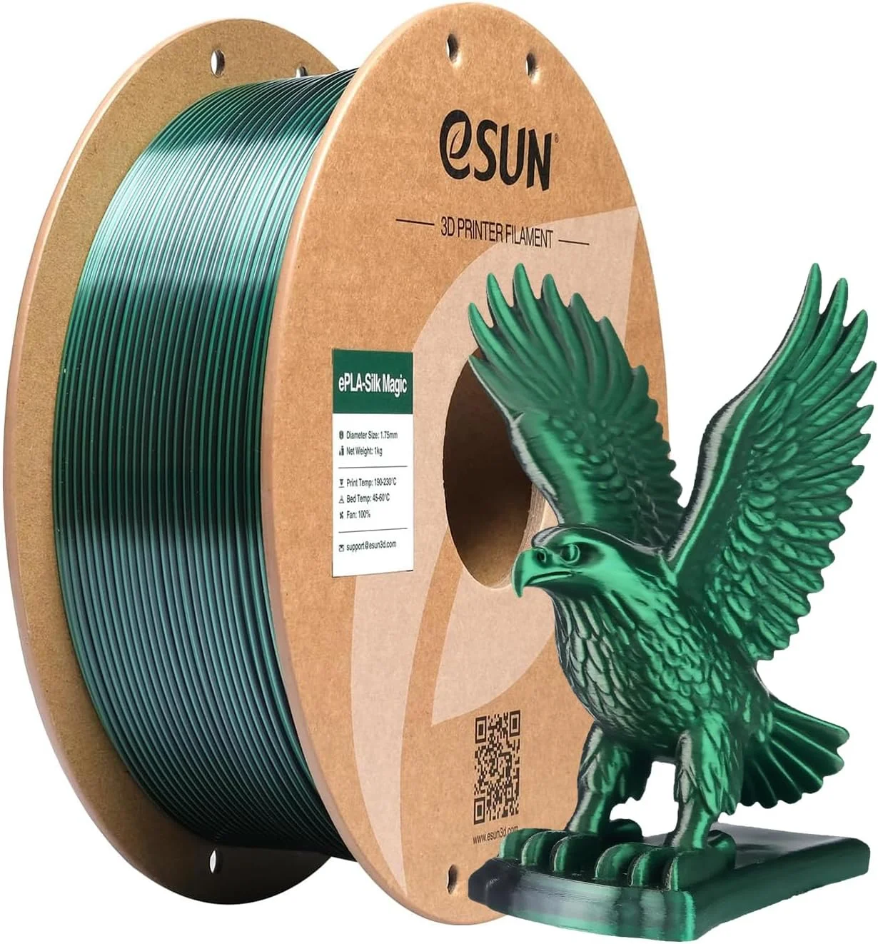 فیلامنت PLA ابریشمی دو رنگ eSUN 1.75mm، فیلامنت چاپ سه بعدی جادویی ابریشمی با اکستروژن مشترک، قرقره 1 کیلوگرمی (2.2 پوند) با تغییر گرادیان برای پرینترهای سه بعدی، ابریشمی مشکی سبز