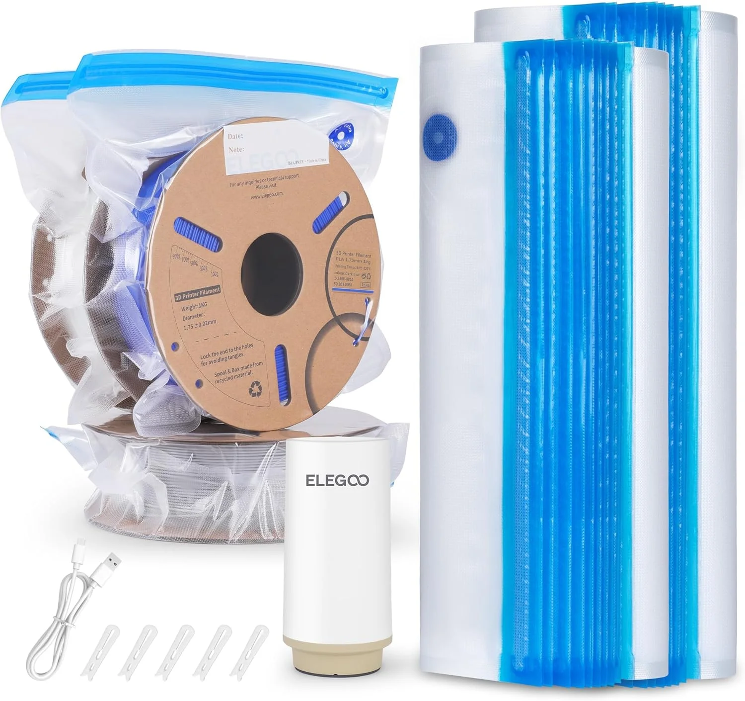 کیت نگهداری فیلامنت پرینت سه بعدی ELEGOO با پمپ اتوماتیک و گیره های آب بندی، 30 کیسه ضخیم در 2 سایز، مقاوم در برابر رطوبت و گرد و غبار برای خشک نگه داشتن