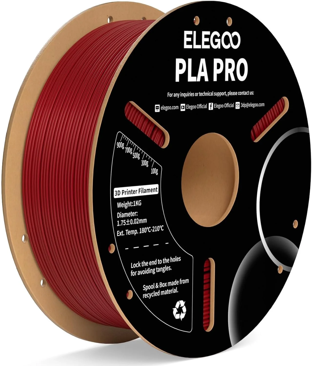 فیلامنت PLA PRO ELEGOO، 1.75 میلی‌متر، قرمز بورگاندی، 1 کیلوگرم، سرعت چاپ 30-250 میلی‌متر بر ثانیه، استحکام بهبود یافته، دقت ابعادی +/- 0.02 میلی‌متر، 1 قرقره 1 کیلوگرمی (2.2 پوند)