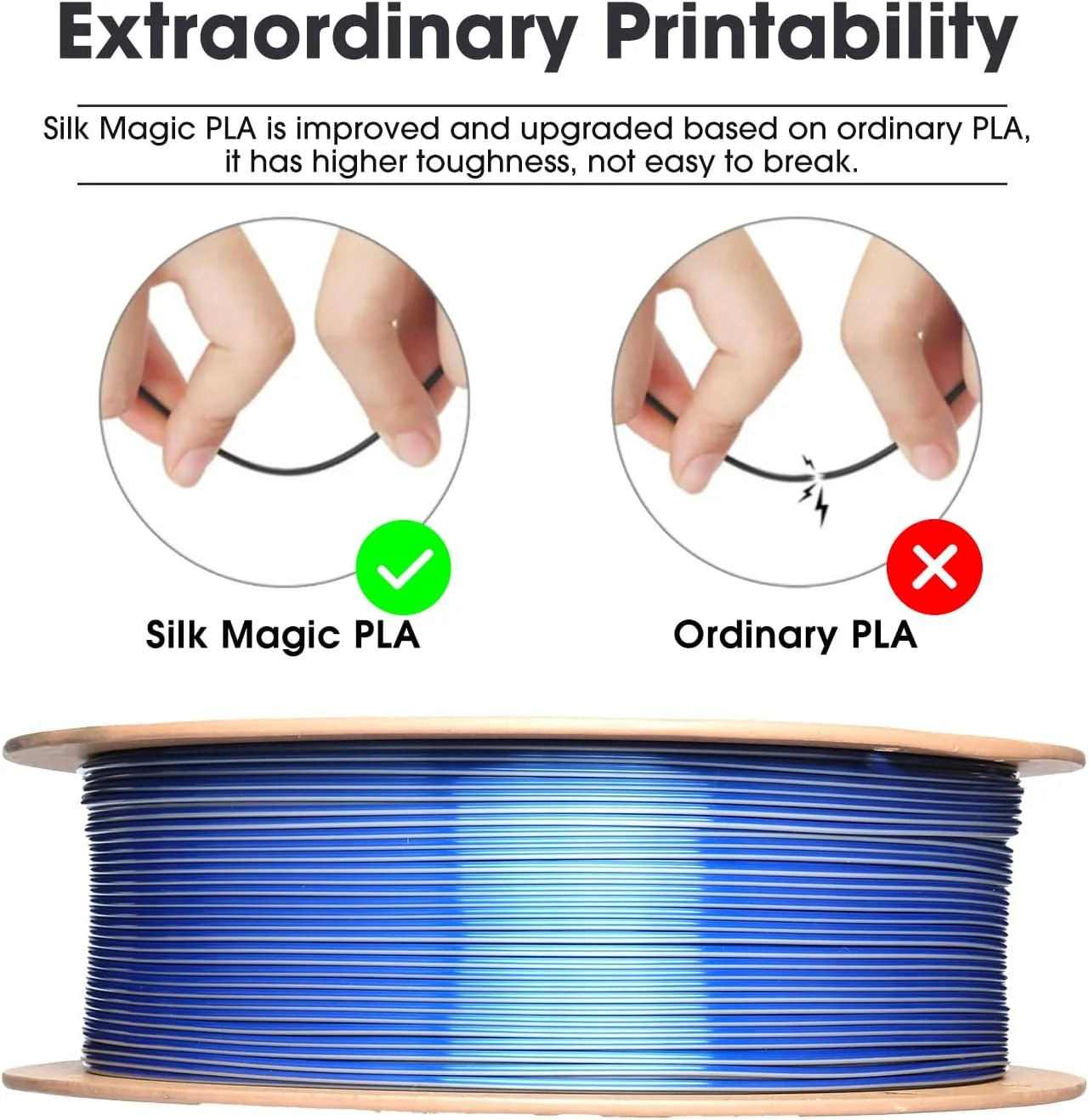 فیلامنت PLA ابریشمی دو رنگ eSUN 1.75mm، فیلامنت چاپ سه بعدی جادویی ابریشمی با اکستروژن مشترک، قرقره 1 کیلوگرمی (2.2 پوند) تغییر گرادیان برای چاپگرهای سه بعدی، نقره ای آبی