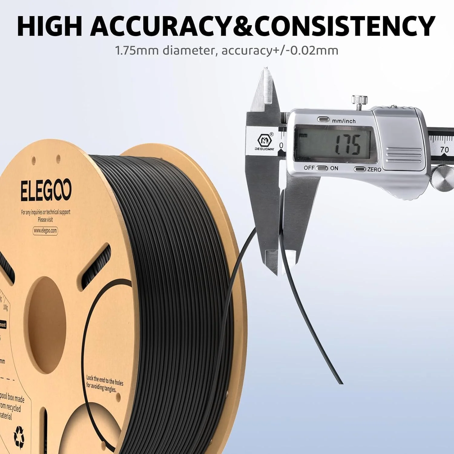 فیلامنت PLA Plus ELEGOO، 1.75 میلی متر، فیلامنت PLA+ پرینتر سه بعدی، دقت ابعادی +/- 0.02 میلی متر، مقاوم و با استحکام بالا، سازگار با اکثر پرینترهای FDM مشکی (1 کیلوگرم/اسپول، 2.2 پوند)