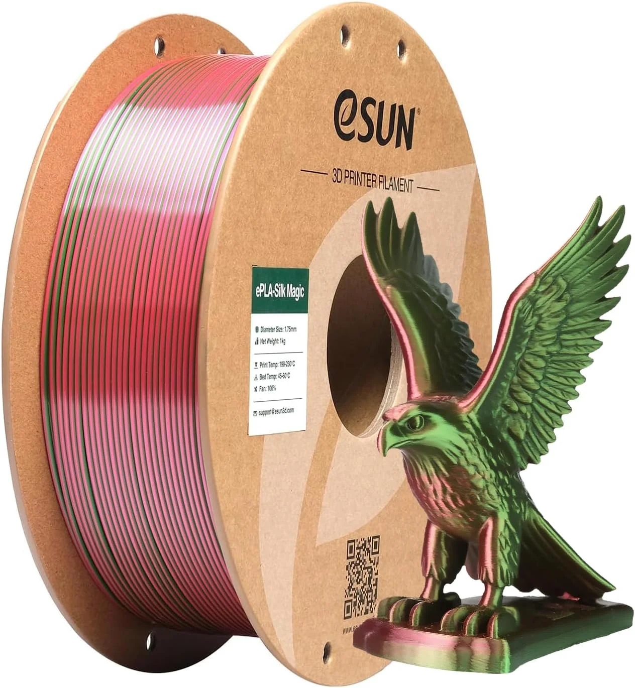 فیلامنت PLA ابریشمی دو رنگ eSUN، 1.75 میلی‌متر، فیلامنت جادویی PLA ابریشمی اکستروژن مشترک برای چاپ سه بعدی، قرقره 1 کیلوگرمی (2.2 پوند) با تغییر تدریجی رنگ برای پرینترهای سه بعدی، قرمز سبز