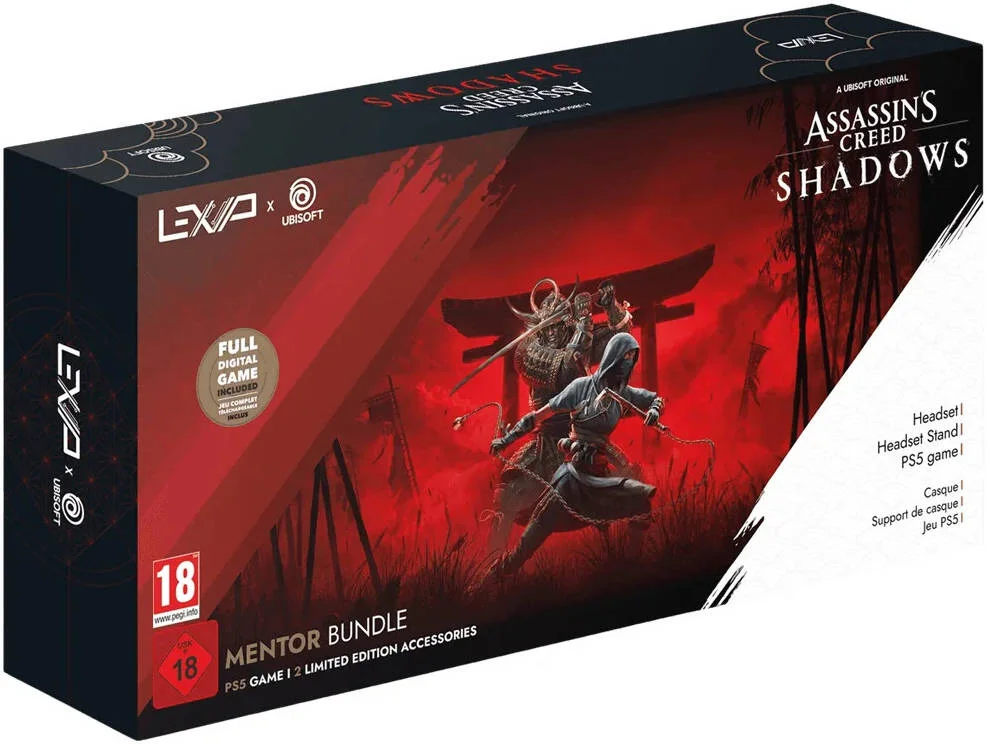 باندل منتور Lexip x Ubisoft Assassin's Creed Shadows، بازی PS5 + هدست بی‌سیم + پایه هدست، درایورهای 50 میلی‌متری، 2.4 گیگاهرتز، راحتی، عملکرد و طراحی انحصاری | باندل منتور