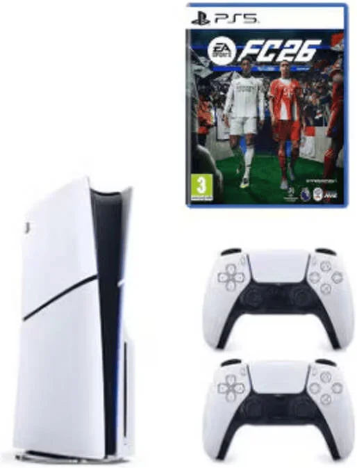 کنسول باریک سونی پلی استیشن 5 دیسک خور، به همراه یک دسته اضافی + FC 26 PS5، حافظه SSD یک ترابایتی، بازی 4K-TV، خروجی 120 فریم بر ثانیه با نرخ تازه سازی 120 هرتز، فناوری HDR، نسخه بین المللی، سفید | PS5-Slim
