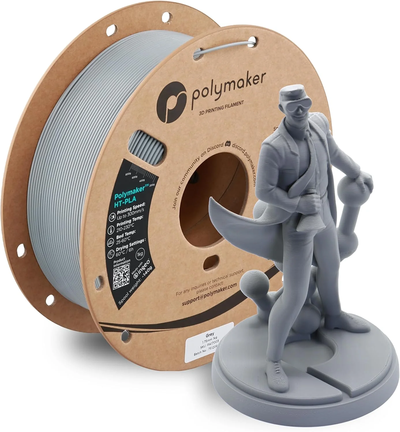 فیلامنت پلی‌میکر HT-PLA خاکستری 1.75 میلی‌متری، PLA با دمای بالا برای چاپ سه بعدی، مقاوم در برابر حرارت تا 130 درجه سانتیگراد، چاپ آسان، سازگار با اکثر پرینترهای FDM، اسپول 1 کیلوگرمی