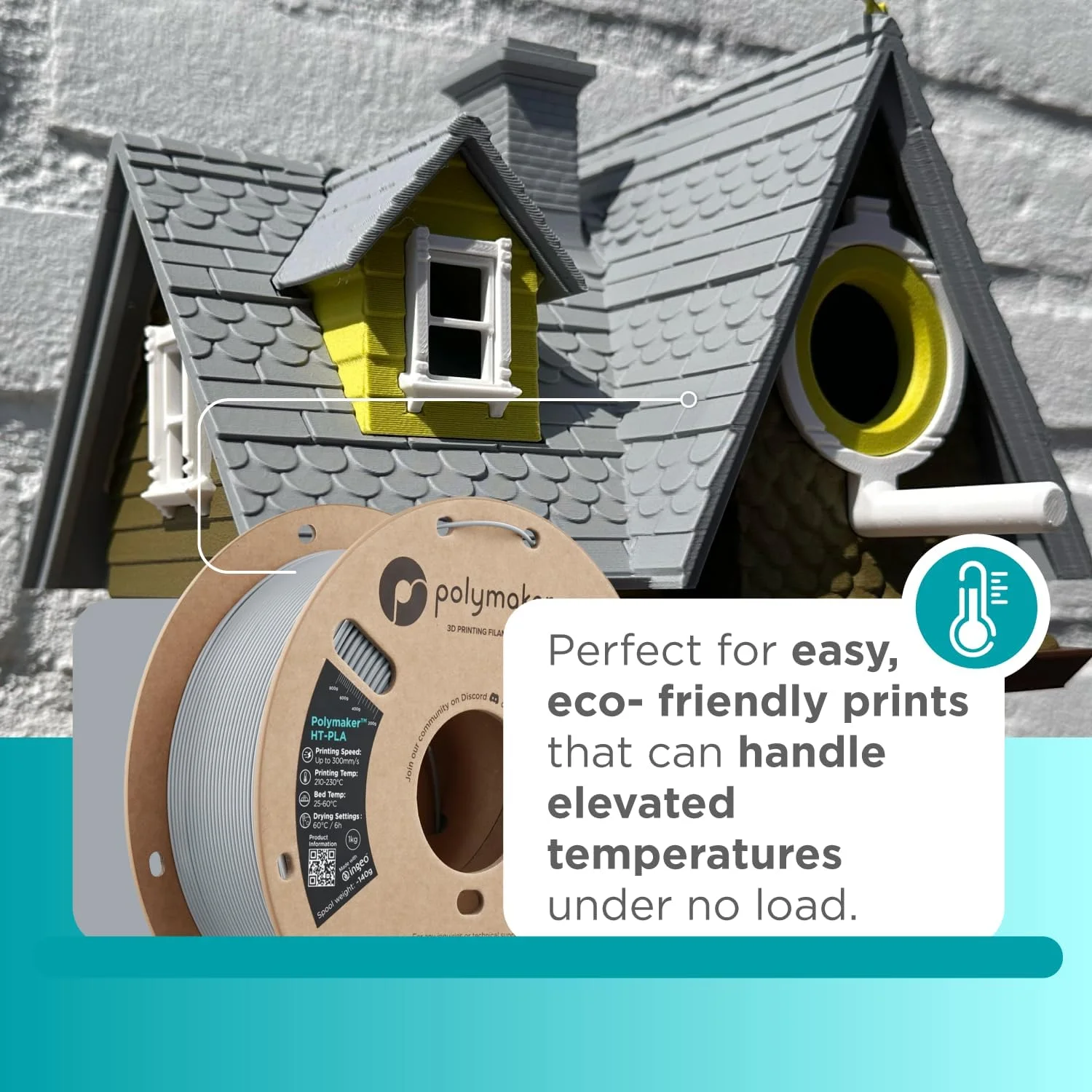 فیلامنت پلی‌میکر HT-PLA خاکستری 1.75 میلی‌متری، PLA با دمای بالا برای چاپ سه بعدی، مقاوم در برابر حرارت تا 130 درجه سانتیگراد، چاپ آسان، سازگار با اکثر پرینترهای FDM، اسپول 1 کیلوگرمی