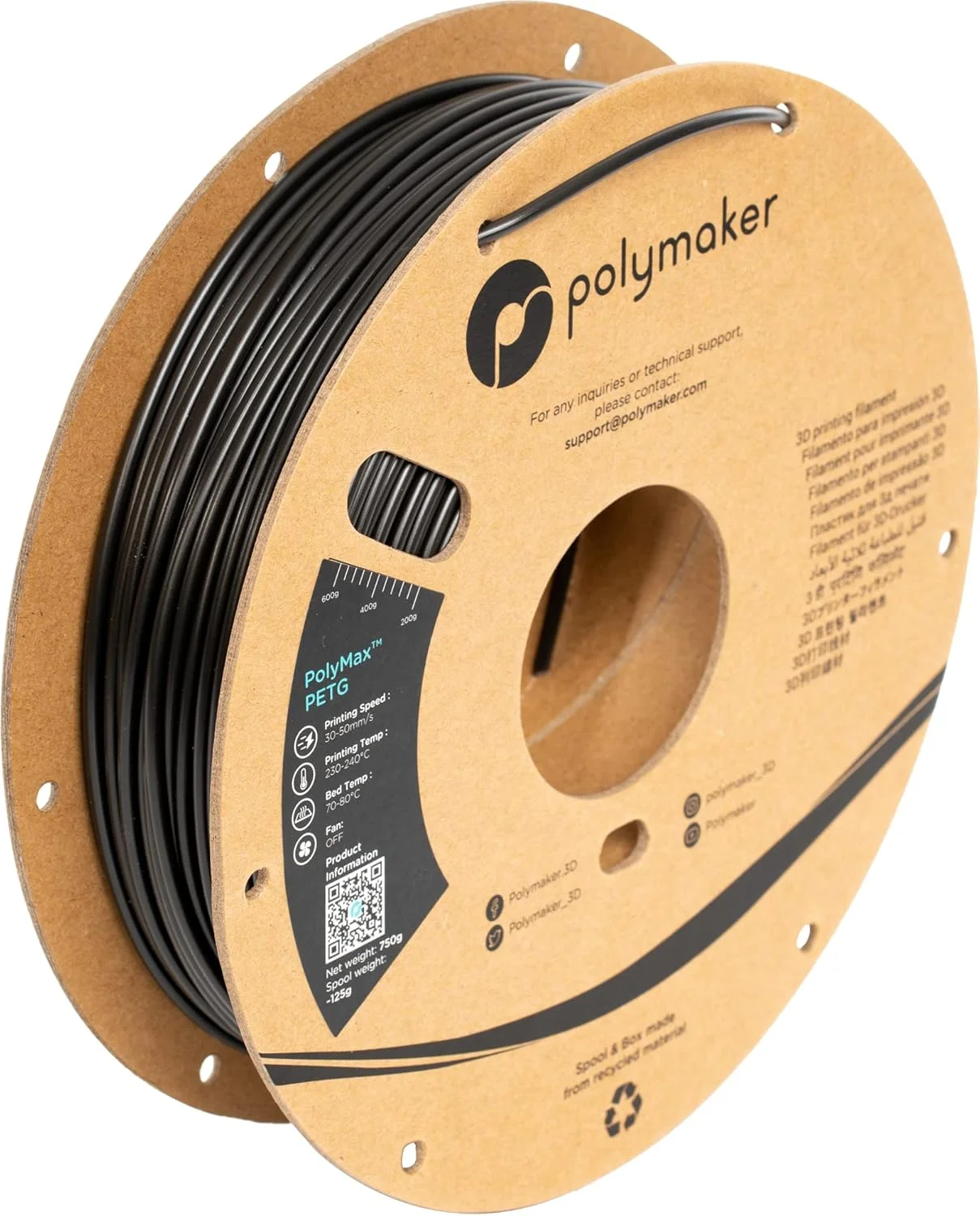 فیلامنت PETG مقاوم پلی‌میکر 2.85mm، PETG مشکی 750 گرمی، مقاوم‌تر از PLA و مقاوم در برابر حرارت بالا