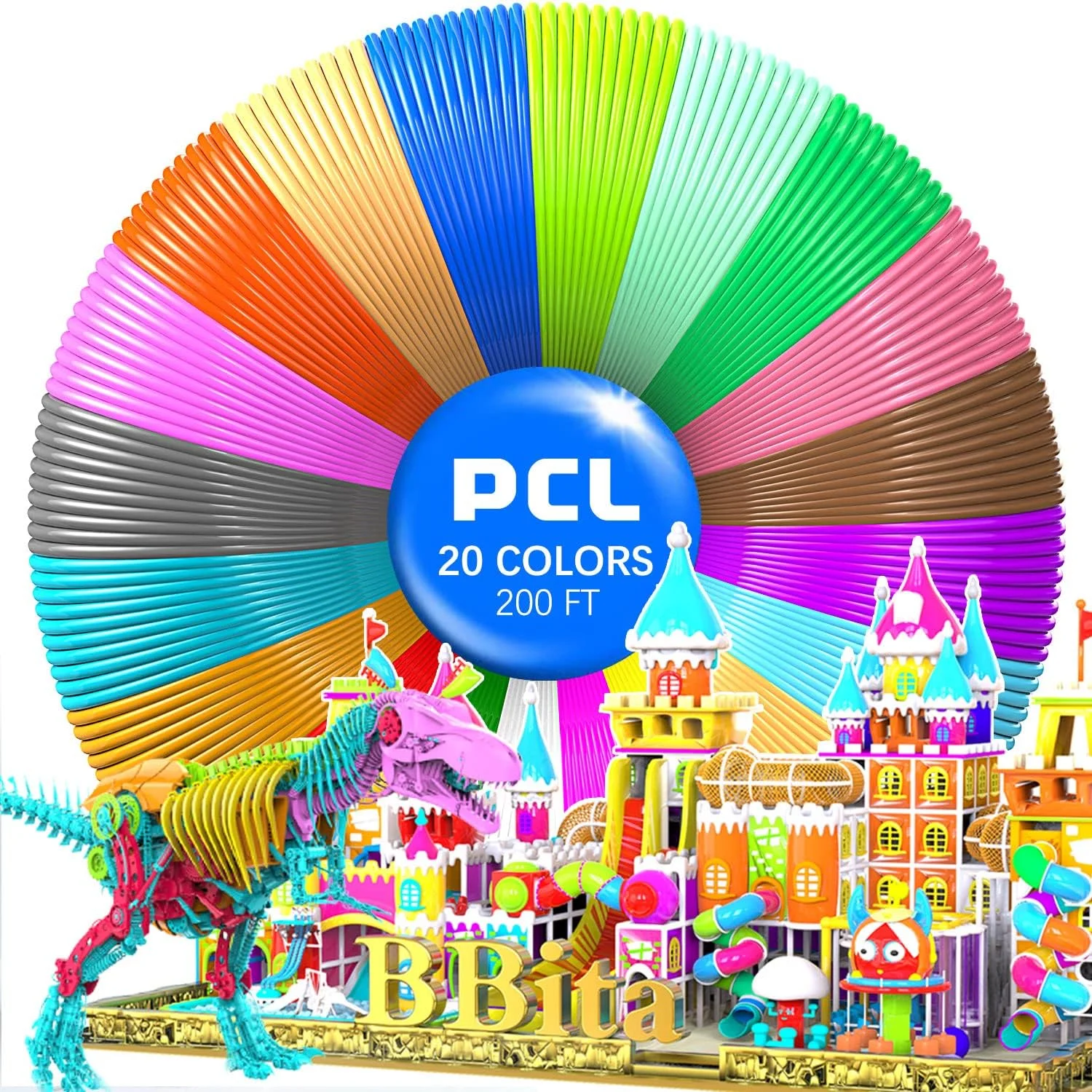 فیلامنت قلم/پرینتر سه بعدی BBita، فیلامنت PCL ارتقا یافته 2019 مشتق شده از ذرت وارداتی، نقطه ذوب پایین 70 درجه سانتیگراد، 20 رنگ شب تاب 1.75 میلی متر، طراحی ایمن و بدون گرفتگی 200 فوت چند رنگ