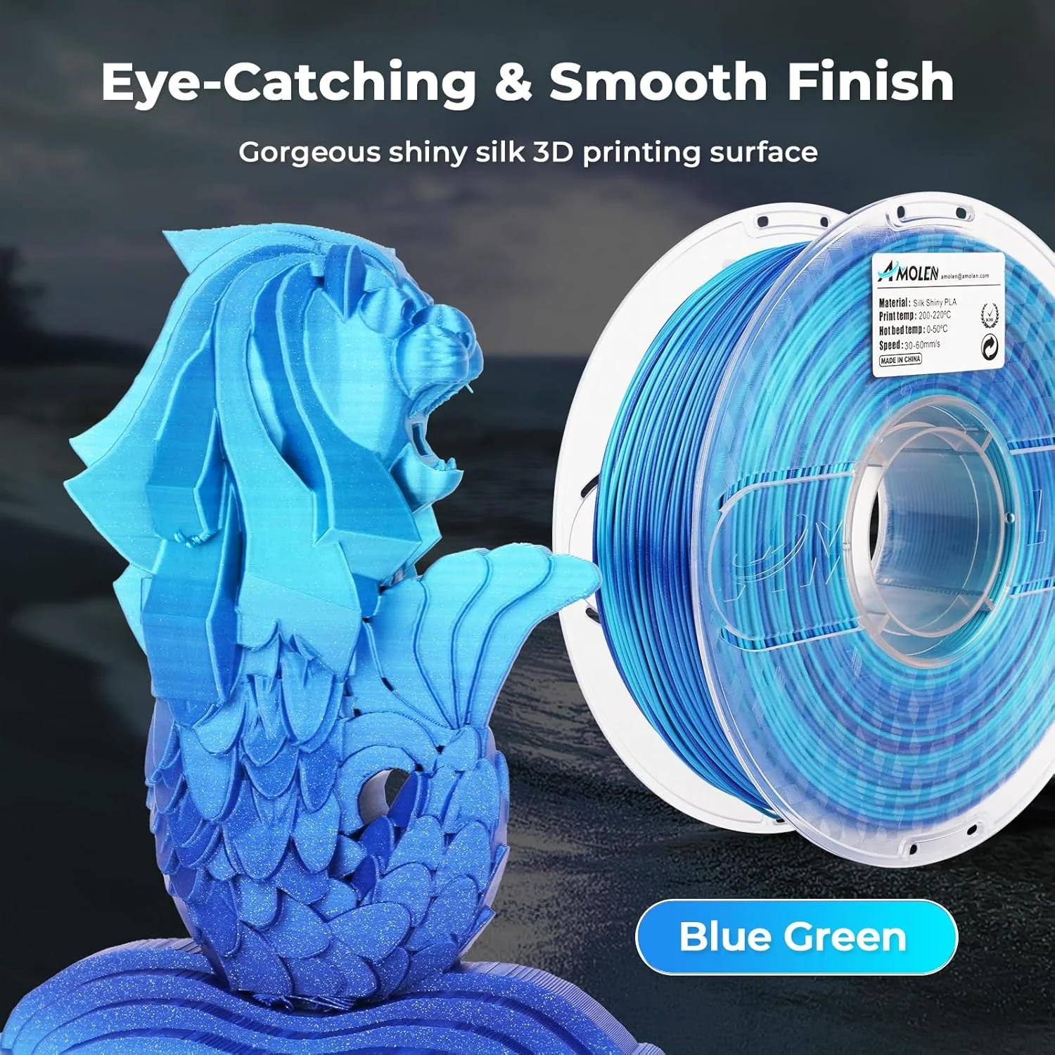 فیلامنت چاپ سه بعدی PLA آمولن، فیلامنت ابریشمی PLA 1.75 میلی متر، فیلامنت براق ابریشمی آبی لاجوردی، فیلامنت چاپ سه بعدی 1 کیلوگرم/2.2 پوند