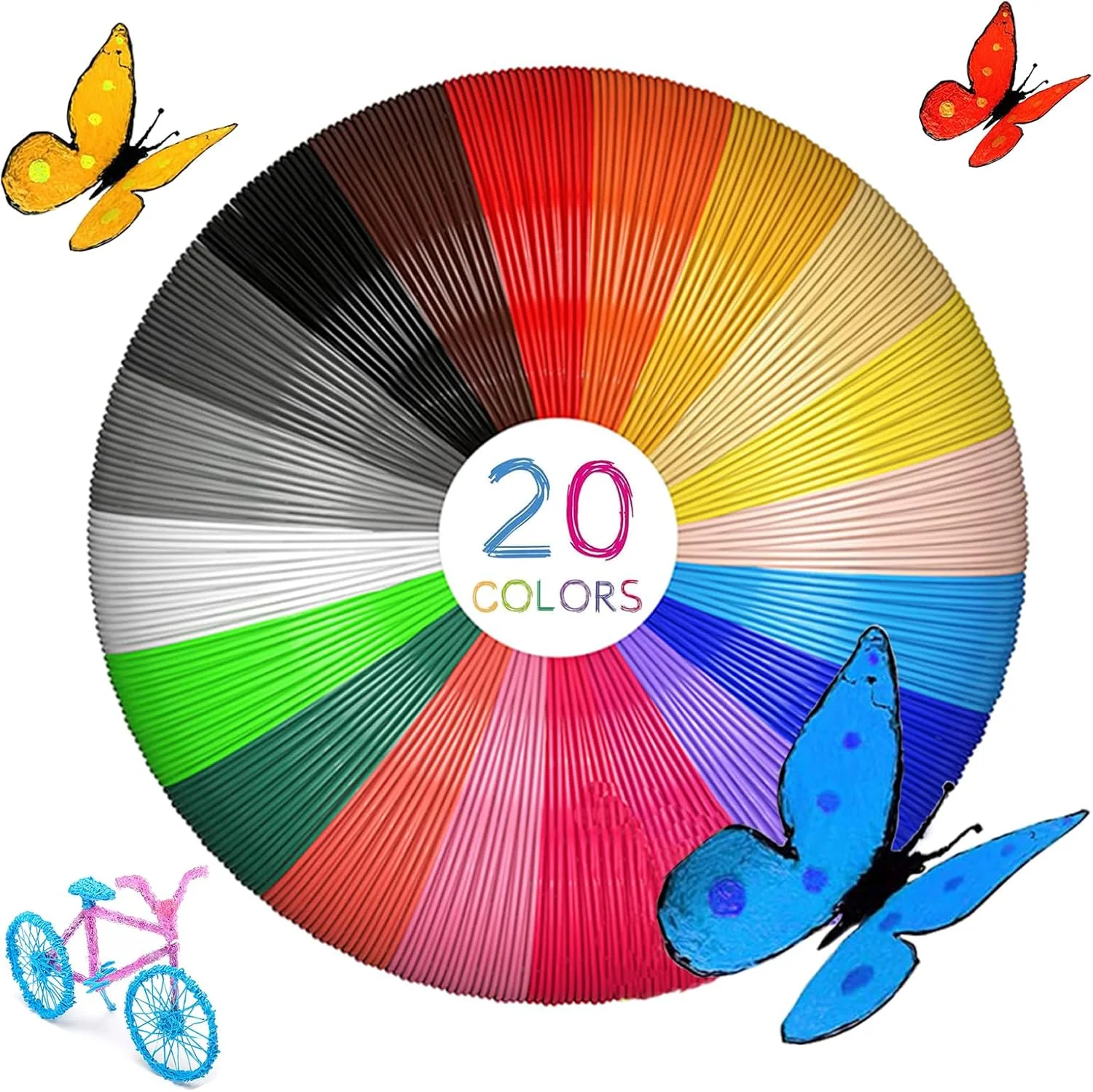 فیلامنت چاپ سه بعدی PLA 1.75 میلی متر 20 رنگ، مناسب برای خلق آثار هنری و صنایع دستی، 5 متر در هر رنگ، 100 متر در مجموع، سازگار با اکثر قلم های چاپ سه بعدی