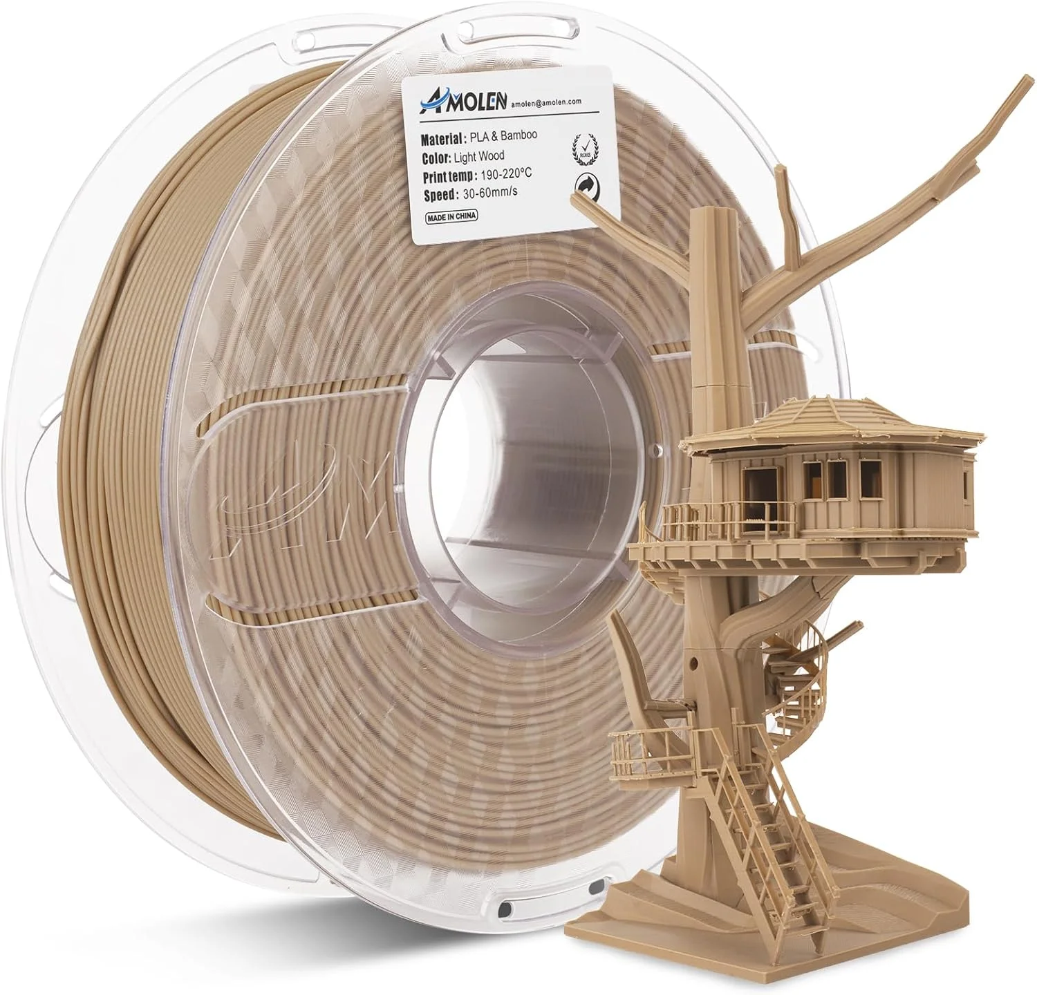فیلامنت پرینتر سه بعدی چوب بامبو AMOLEN، فیلامنت PLA 1.75 میلی متر با 20% فیبر بامبو واقعی، 1 کیلوگرم