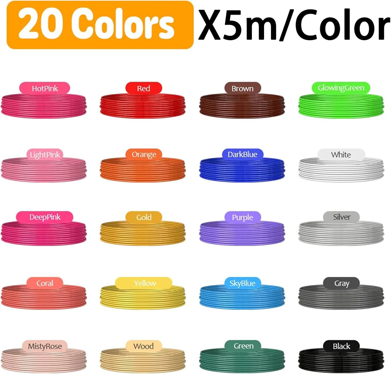 فیلامنت چاپ سه بعدی PLA 1.75 میلی متر 20 رنگ، مناسب برای خلق آثار هنری و صنایع دستی، 5 متر در هر رنگ، 100 متر در مجموع، سازگار با اکثر قلم های چاپ سه بعدی