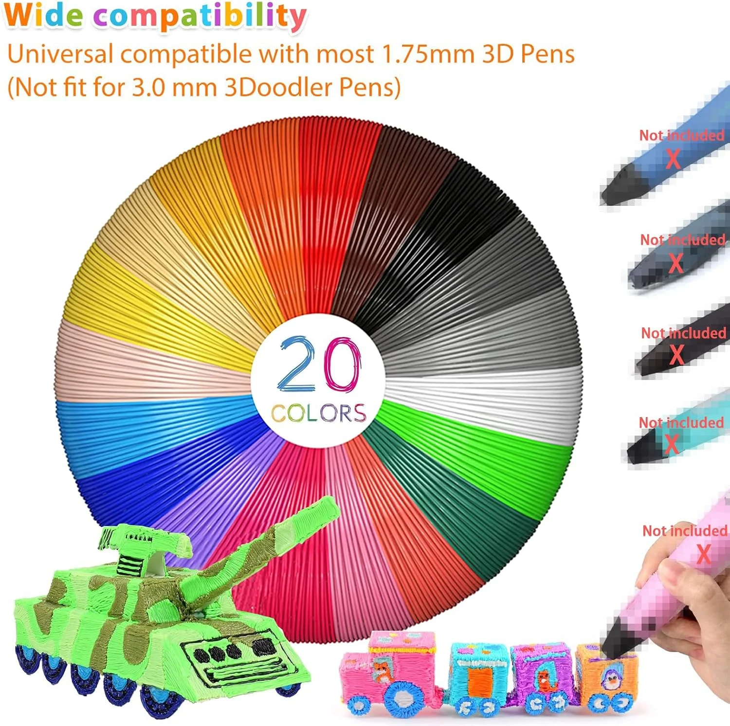 فیلامنت چاپ سه بعدی PLA 1.75 میلی متر 20 رنگ، مناسب برای خلق آثار هنری و صنایع دستی، 5 متر در هر رنگ، 100 متر در مجموع، سازگار با اکثر قلم های چاپ سه بعدی