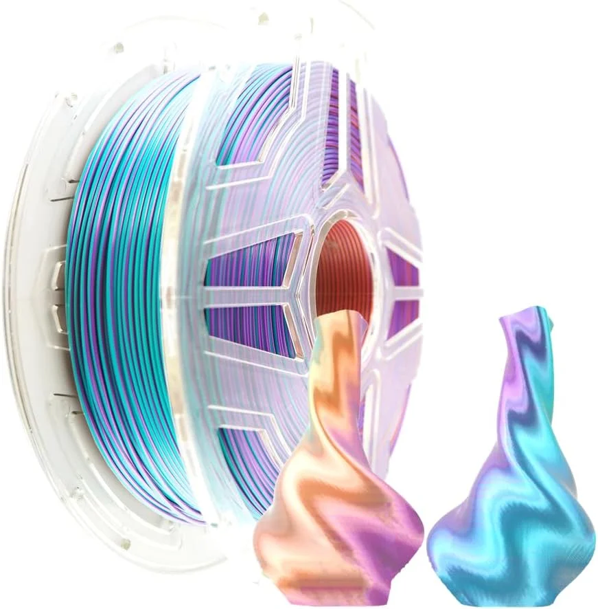 فیلامنت PLA ابریشمی سه رنگ LeoPlas، قطر 1.75 میلی‌متر، براق و ابریشمی، 1 کیلوگرم، مناسب برای مواد چاپ سه بعدی (بنفش-نارنجی-فیروزه ای)