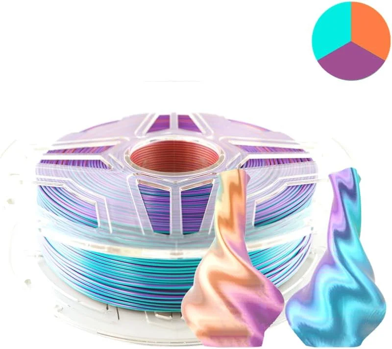 فیلامنت PLA ابریشمی سه رنگ LeoPlas، قطر 1.75 میلی‌متر، براق و ابریشمی، 1 کیلوگرم، مناسب برای مواد چاپ سه بعدی (بنفش-نارنجی-فیروزه ای)