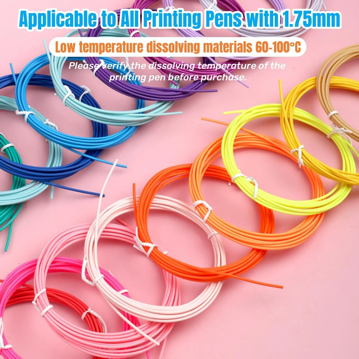 لوازم قلم چاپ سه بعدی 50 متری، مواد اولیه چاپ سه بعدی، 10 رنگ تصادفی، مدل دمای پایین 60 تا 100 درجه سانتیگراد، φ=1.75mm، ρ=1.16g/cm