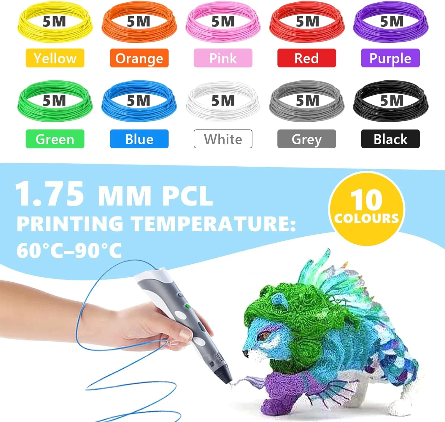 فیلامنت قلم سه بعدی PCL، 10 رنگ، فیلامنت پرینتر سه بعدی 1.75 میلی متر برای دماهای پایین، قلم سه بعدی کودکان و لوازم جانبی قلم چاپ سه بعدی، 50 متر