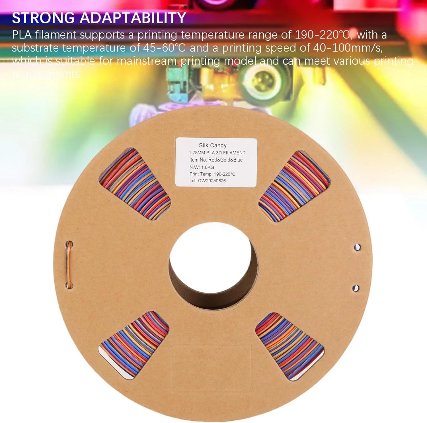 فیلامنت PLA رنگی JTLB، ابریشمی 1.75 میلی متر 3 در 1 1 کیلوگرم لوازم پرینتر سه بعدی قرمز طلایی آبی برای چاپ ذرت تجزیه پذیر
