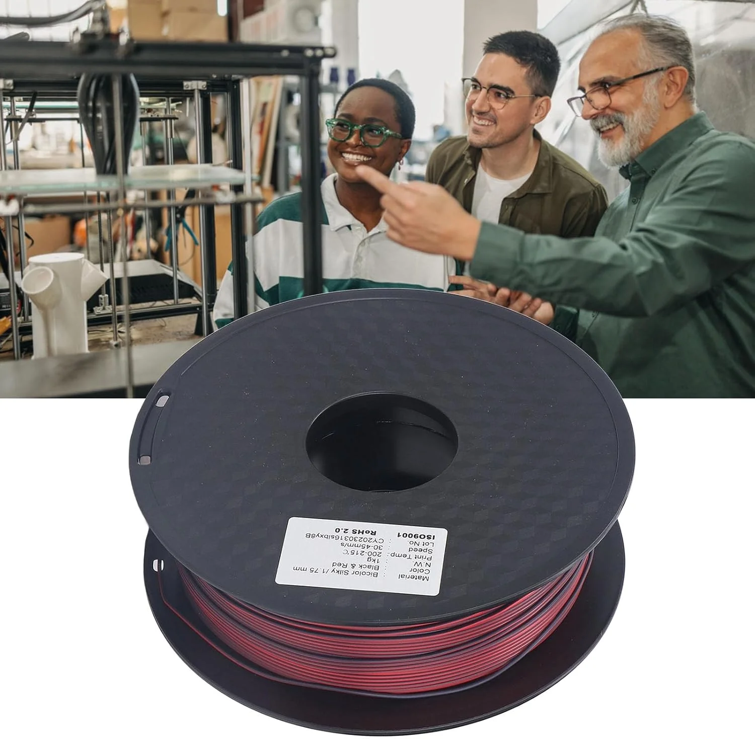 فیلامنت PLA مصرفی پرینت سه بعدی 1.75 میلی متری، مشکی صاف، قرمز، دو رنگ، مواد سازگار با محیط زیست