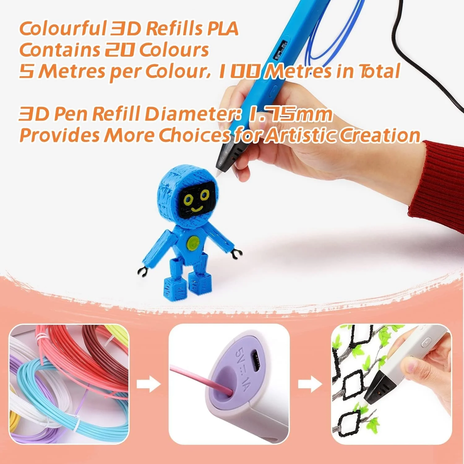 لوازم قلم چاپ سه بعدی 50 متری، مواد اولیه چاپ سه بعدی، 10 رنگ تصادفی، مدل دمای پایین 60 تا 100 درجه سانتیگراد، φ=1.75mm، ρ=1.16g/cm