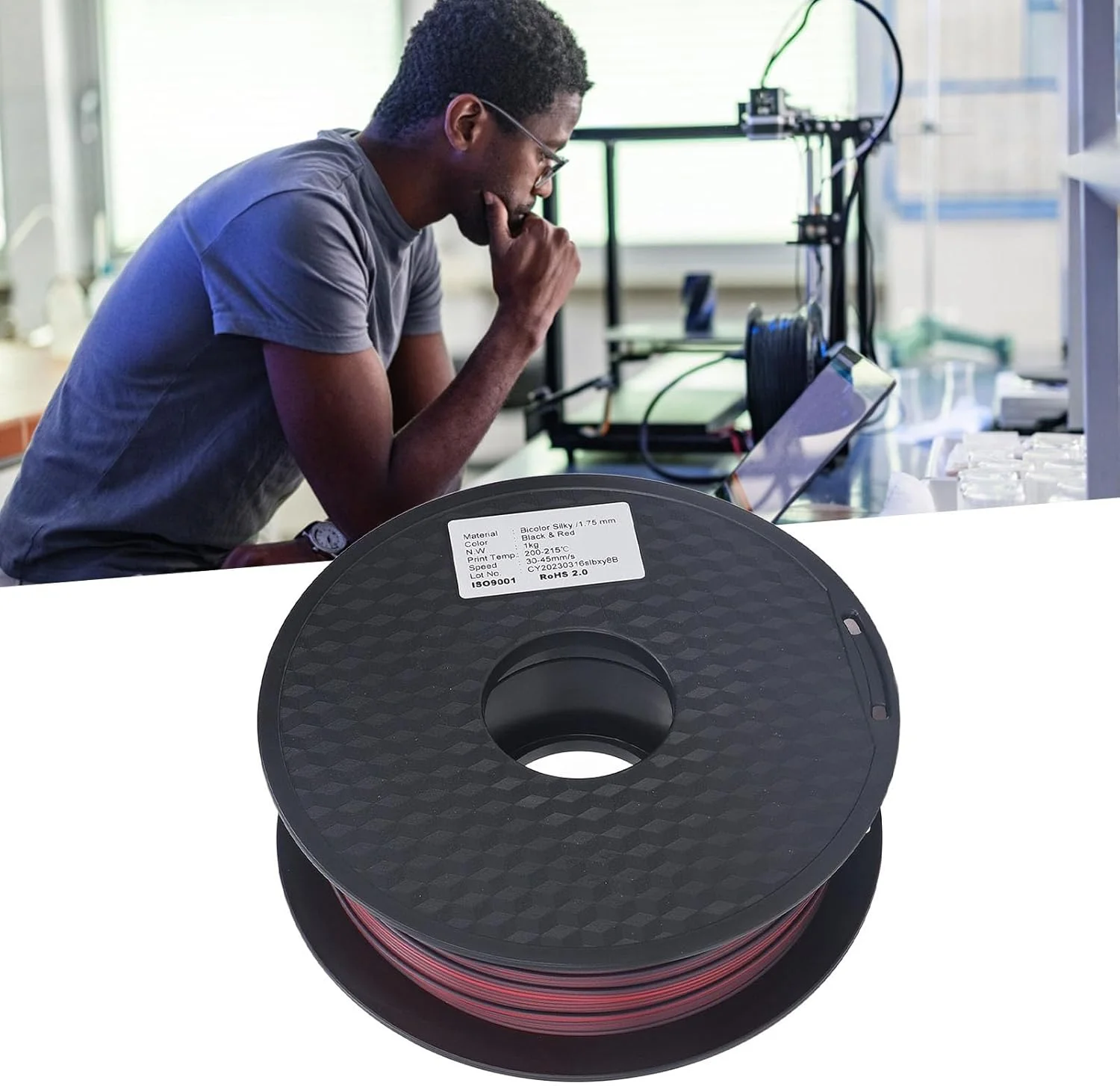 فیلامنت PLA مصرفی پرینت سه بعدی 1.75 میلی متری، مشکی صاف، قرمز، دو رنگ، مواد سازگار با محیط زیست