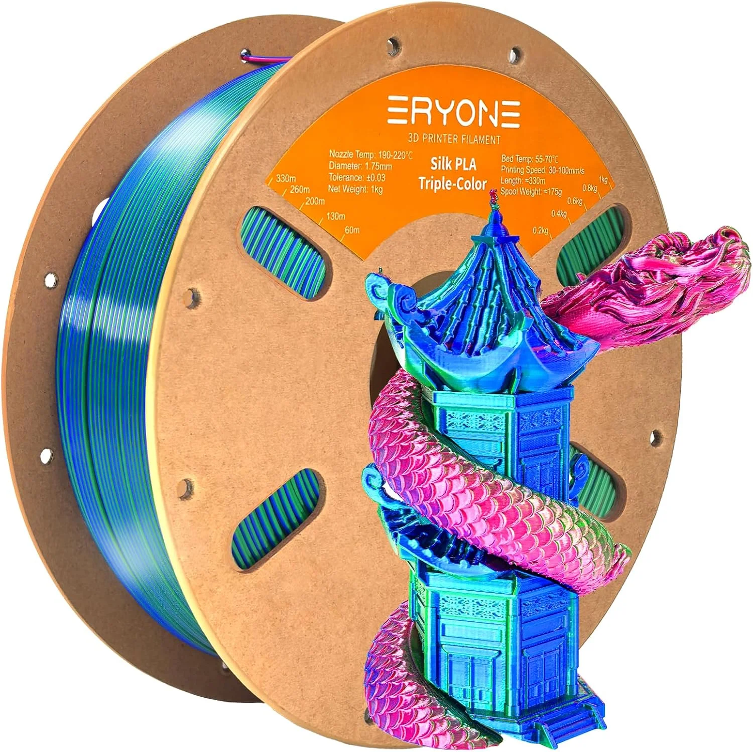 فیلامنت PLA ابریشمی ERYONE 1.75mm، فیلامنت پرینتر سه بعدی PLA ابریشمی +/-0.03mm، اسپول 1 کیلوگرمی، قرمز آبی سبز ابریشمی