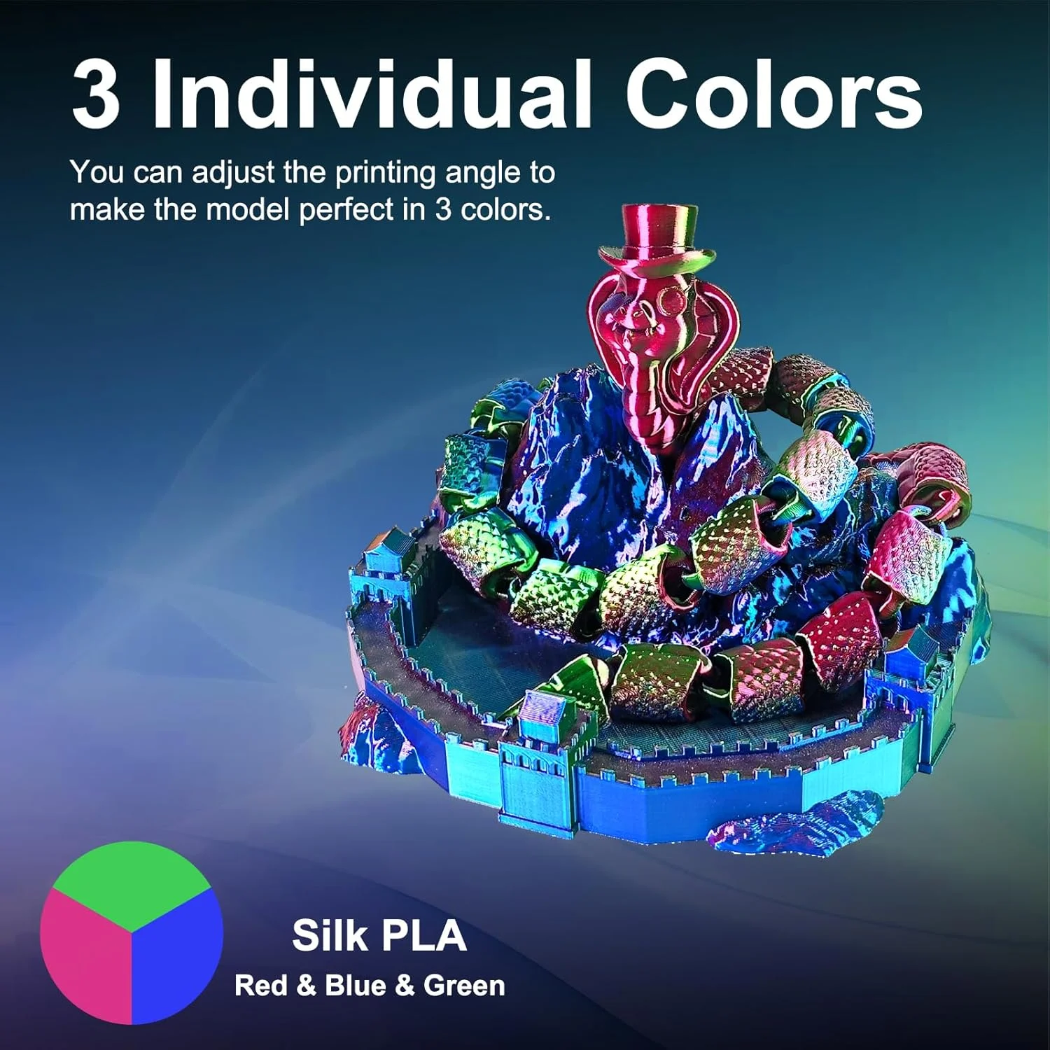 فیلامنت PLA ابریشمی ERYONE 1.75mm، فیلامنت پرینتر سه بعدی PLA ابریشمی +/-0.03mm، اسپول 1 کیلوگرمی، قرمز آبی سبز ابریشمی