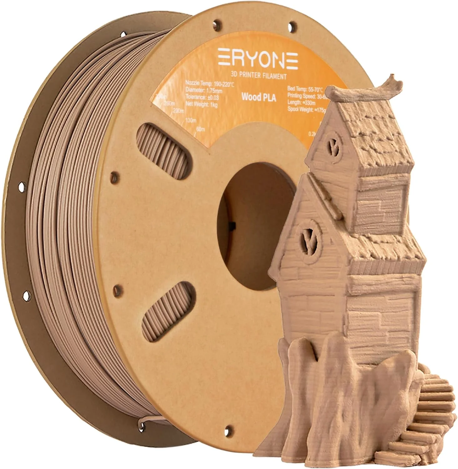 فیلامنت PLA مواد ترکیبی ERYONE، ۱.۷۵ میلی متر +/- ۰.۰۳ میلی متر، قرقره ۱ کیلوگرمی (۲.۲ پوند)، فیلامنت چوب، چوب روشن