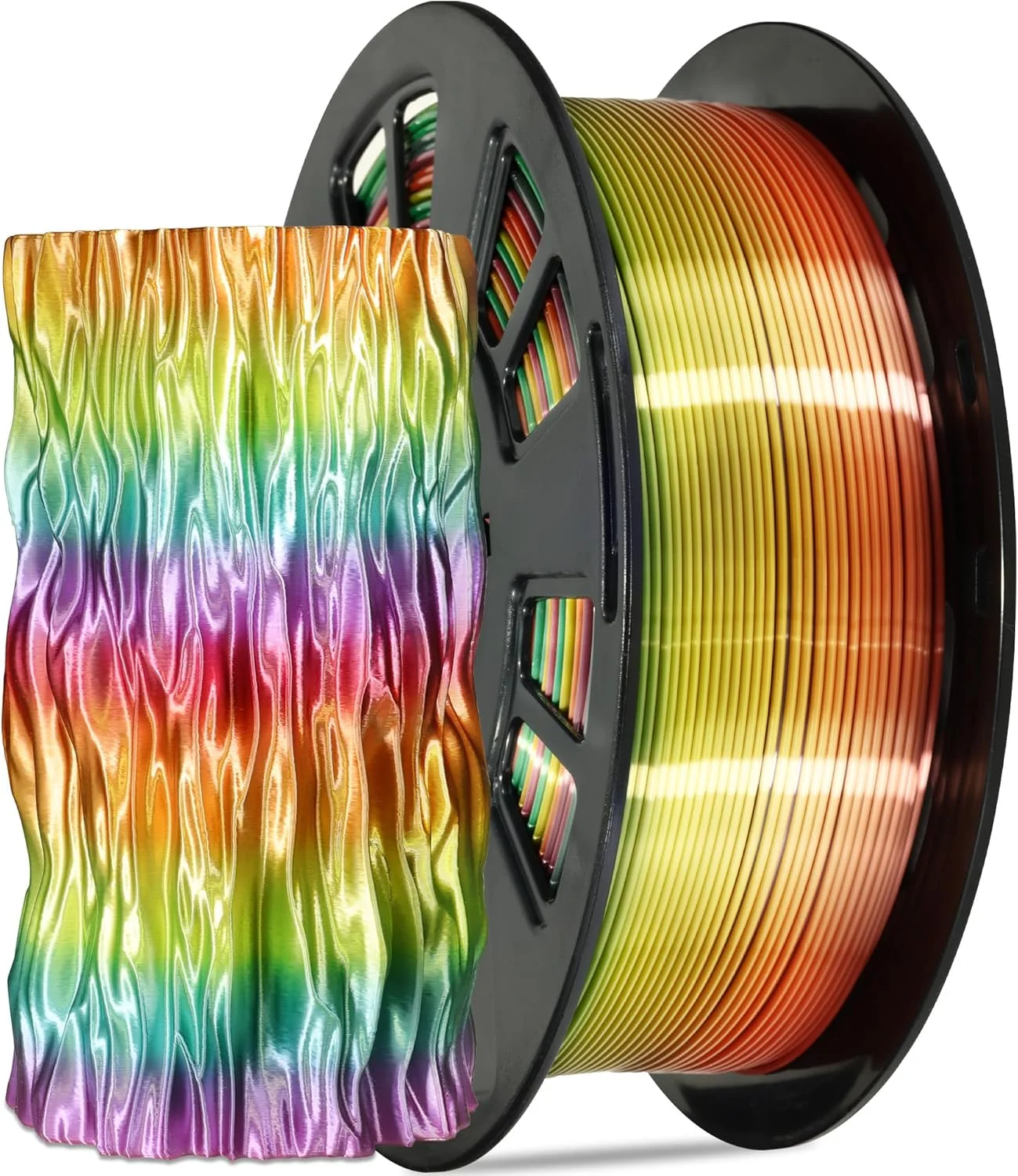 فیلامنت پرینتر سه بعدی PLA ابریشمی رنگین کمانی چند رنگ، ماده چاپ سه بعدی تغییر رنگ سریع PLA 1.75 میلی متری، قرقره 1 کیلوگرمی (2.2 پوند)، مناسب برای پرینترهای سه بعدی FDM به همراه یک کیسه نمونه هدیه فیلامنت