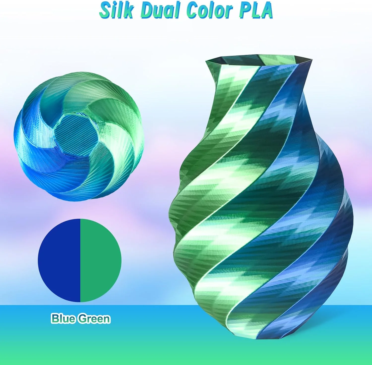 فیلامنت PLA دو رنگ اریون، 1.75 میلی متر، فیلامنت پرینتر سه بعدی، رول 250 گرمی، 0.03 میلی متر، ابریشمی آبی و سبز