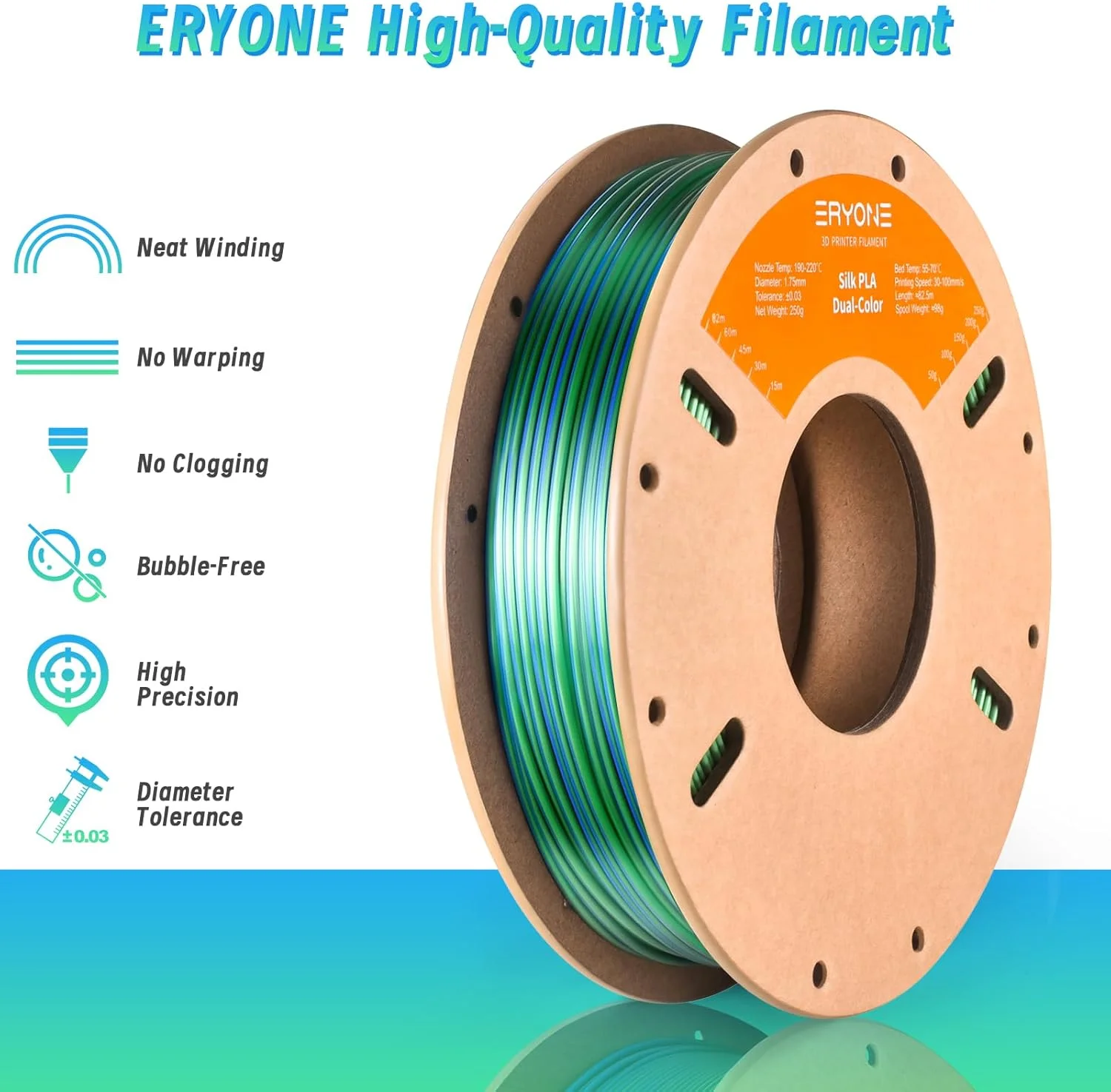 فیلامنت PLA دو رنگ اریون، 1.75 میلی متر، فیلامنت پرینتر سه بعدی، رول 250 گرمی، 0.03 میلی متر، ابریشمی آبی و سبز