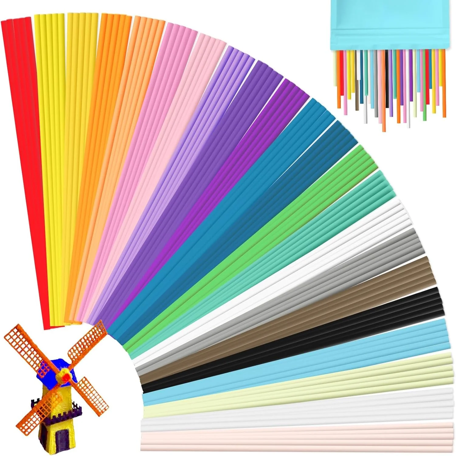 مجموعه 110 عددی فیلامنت پرینتر سه بعدی در 22 رنگ، مناسب برای قلم سه بعدی استارت، ضخامت 2.5 میلی متر، فیلامنت PCL با دمای چاپ پایین، طول هر فیلامنت 15 سانتی متر، هر رنگ 5 عدد