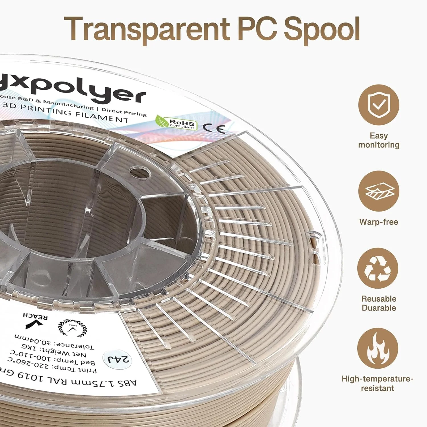 فیلامنت ABS، ABS+، ABS Pro، ABS Plus برای پرینت سه بعدی، قطر 1.75 میلی متر، وزن 1 کیلوگرم، خاکستری، بژ، فیلامنت پرینتر سه بعدی، استحکام بالا، مقاوم در برابر رطوبت