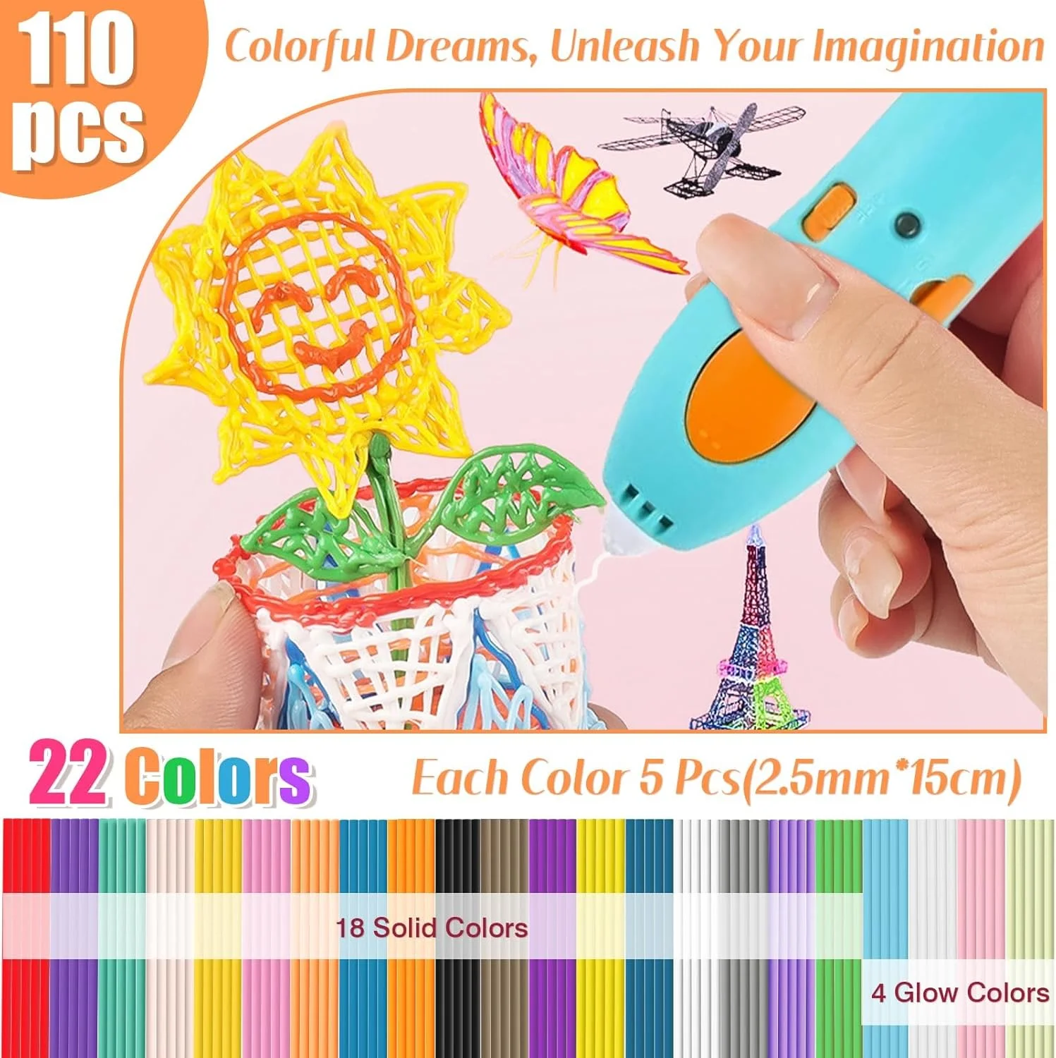 مجموعه 110 عددی فیلامنت پرینتر سه بعدی در 22 رنگ، مناسب برای قلم سه بعدی استارت، ضخامت 2.5 میلی متر، فیلامنت PCL با دمای چاپ پایین، طول هر فیلامنت 15 سانتی متر، هر رنگ 5 عدد