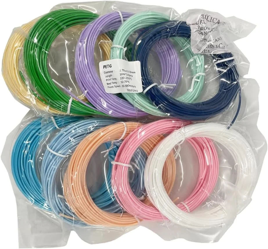 فیلامنت PETG در 10 رنگ، 10 متر هر رنگ، مجموع 100 متر، فیلامنت چاپ سه بعدی، 1.75 میلی متر، مناسب برای اکثر پرینترهای سه بعدی FDM، ترکیب رنگ 2