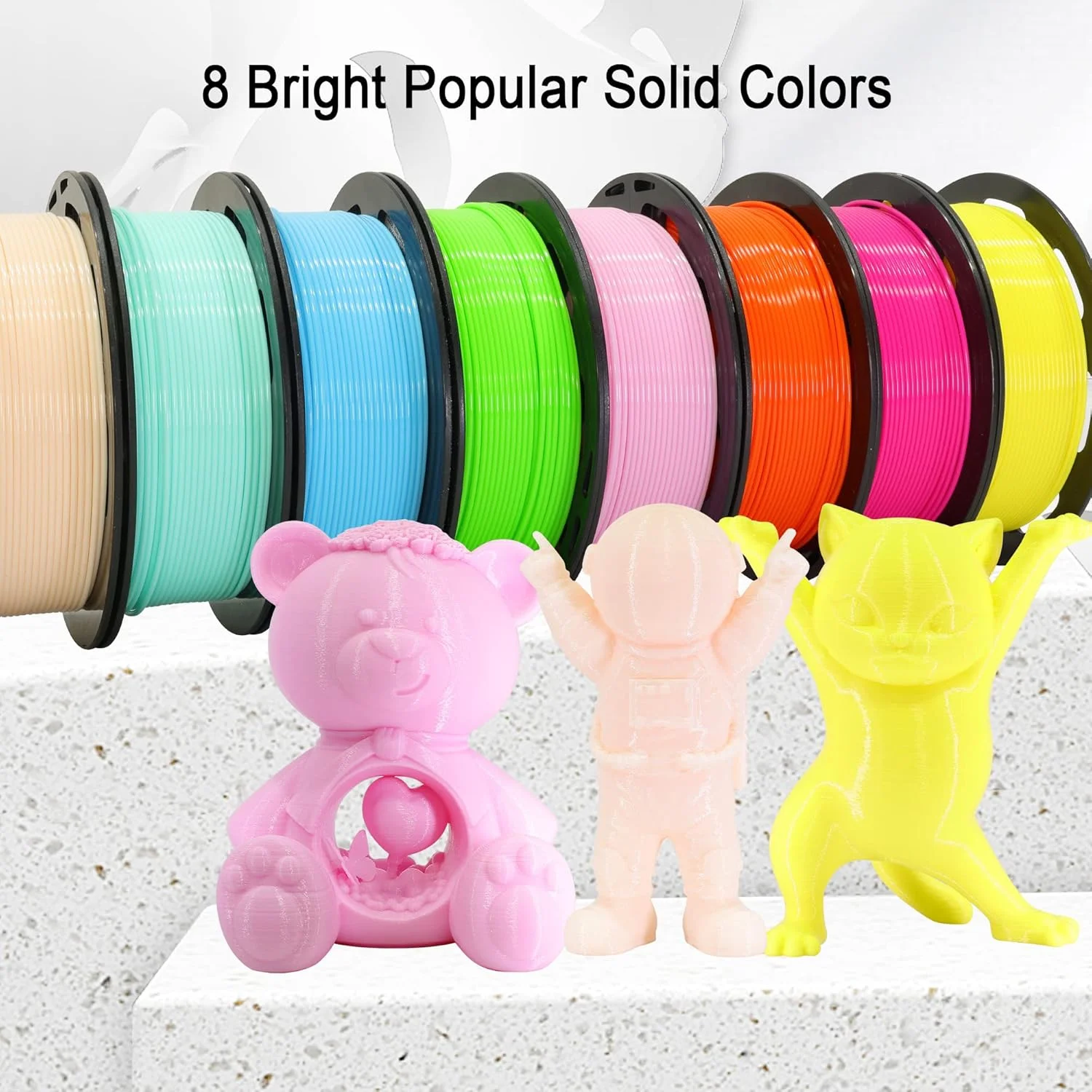 فیلامنت PLA پرینتر سه بعدی 1.75 میلی‌متری، بسته 8 رنگ: صورتی، زرد، نارنجی، سبز لیمویی، آبی آسمانی، فیروزه‌ای، بژ، قرمز رز، بسته‌بندی 8 حلقه، هر کدام 250 گرم، مجموعاً 2 کیلوگرم مواد چاپ سه بعدی، 250 گرم در 8 حلقه