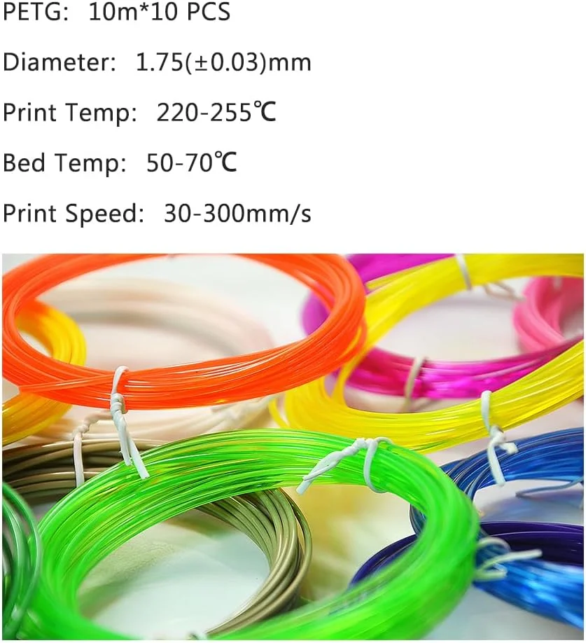 فیلامنت PETG در 10 رنگ، 10 متر هر رنگ، مجموع 100 متر، فیلامنت چاپ سه بعدی، 1.75 میلی متر، مناسب برای اکثر پرینترهای سه بعدی FDM، ترکیب رنگ 2