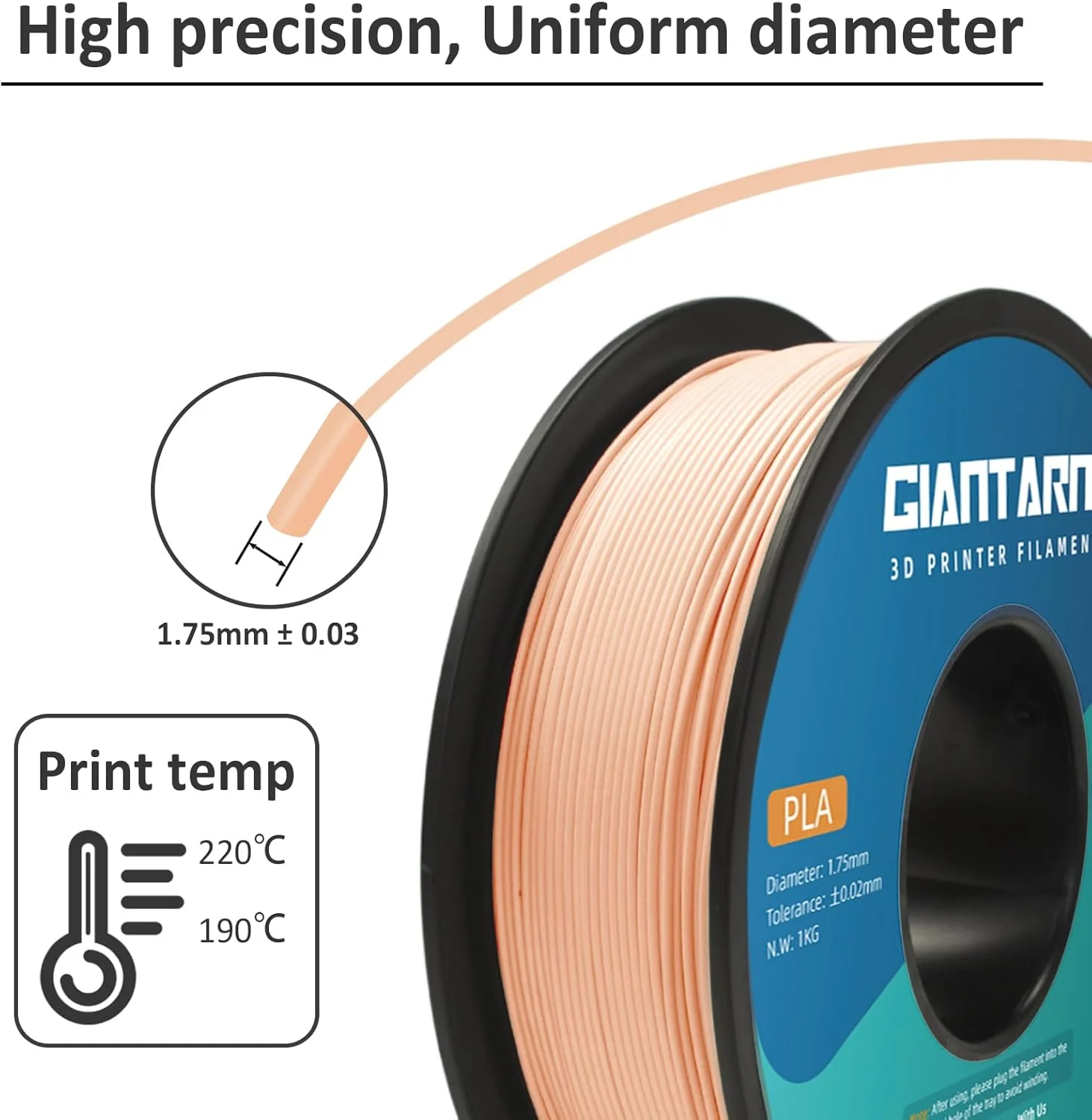 فیلامنت PLA جیانت آرم، 1.75 میلی متر، رنگ پوست، فیلامنت پرینتر سه بعدی PLA، دقت +/- 0.02 میلی متر، 1 کیلوگرم (2.2 پوند) فیلامنت پرینت سه بعدی برای پرینترهای سه بعدی، رنگ پوست