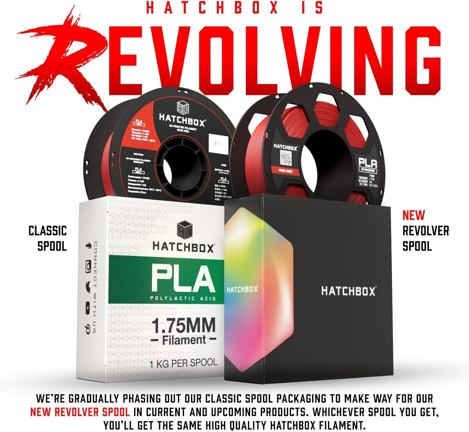 فیلامنت پرینتر سه بعدی PLA سفید 1.75 میلی متری HATCHBOX، رول 1 کیلوگرمی، دقت ابعادی +/- 0.03 میلی متر