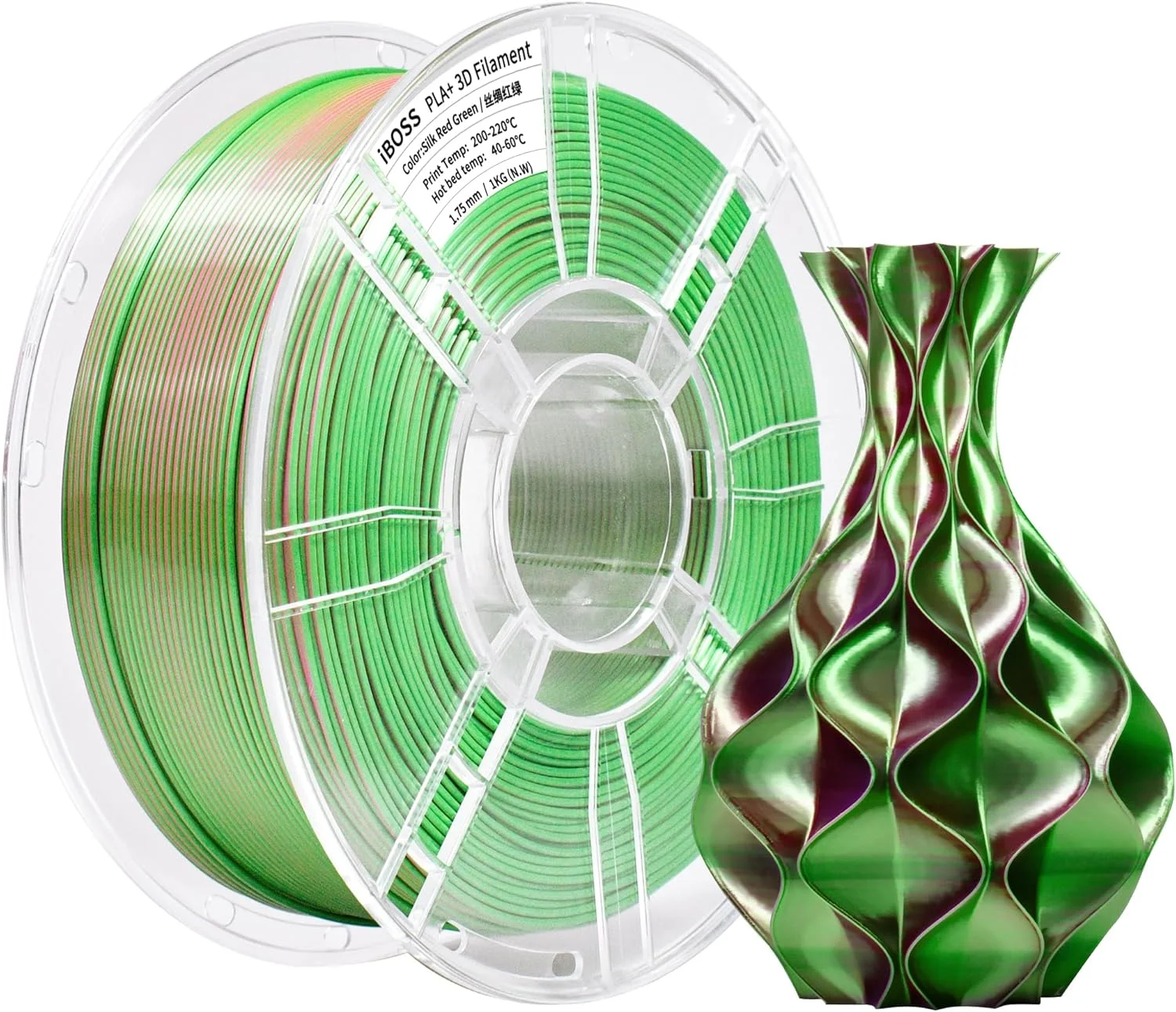 فیلامنت پرینتر سه بعدی iBOSS PLA PLUS، فیلامنت PLA+ 1.75mm ابریشمی دو رنگ، فیلامنت براق برای پرینت سه بعدی، کو اکستروژن 1 کیلوگرمی (2.2 پوند)، ابریشمی دو رنگ قرمز سبز