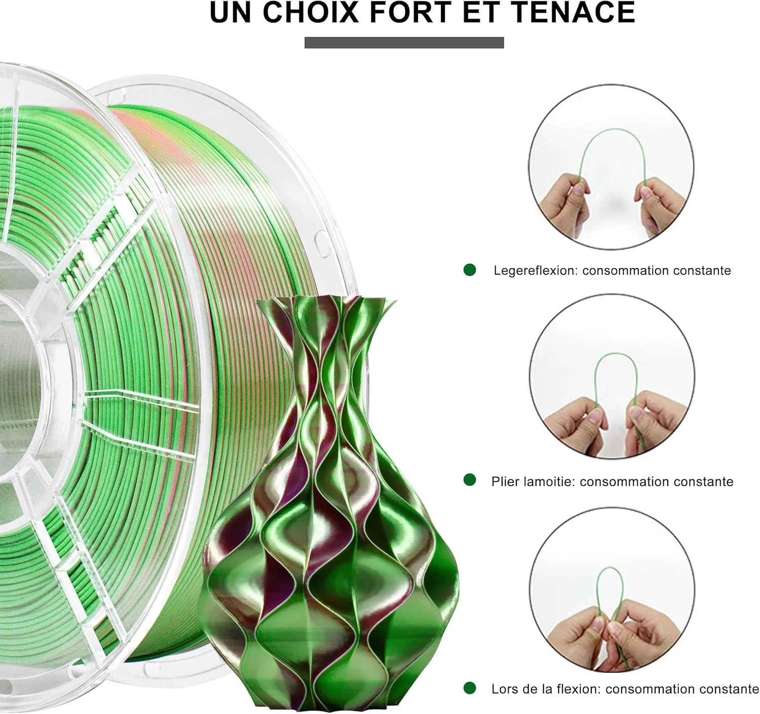 فیلامنت پرینتر سه بعدی iBOSS PLA PLUS، فیلامنت PLA+ 1.75mm ابریشمی دو رنگ، فیلامنت براق برای پرینت سه بعدی، کو اکستروژن 1 کیلوگرمی (2.2 پوند)، ابریشمی دو رنگ قرمز سبز